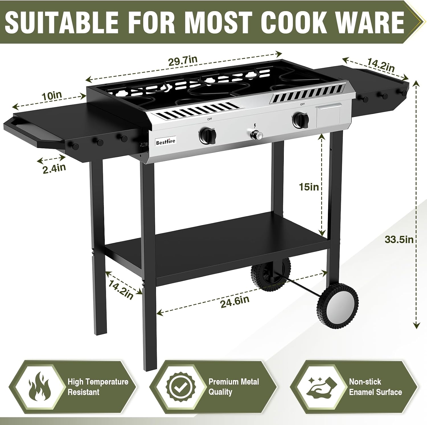 BESTFIRE 2 Burner Propane Gas Stove Outdoor Cooking Station – 150,000 BTU Double Cast Iron Burner with Auto Ignition, Regulator, Side Shelves & Wheels – Portable No-Windshield Design for Camping