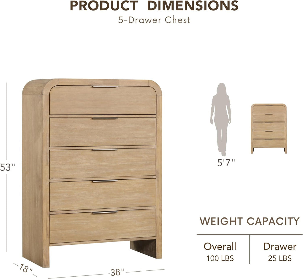 Furniture of America Verena Boho Solid Wood 3-Piece Bedroom Set with Padded Headboard Bed, Metal Side Glide, Finger Pulls on Nightstand and Chest, Box Spring Needed, Queen, Natural