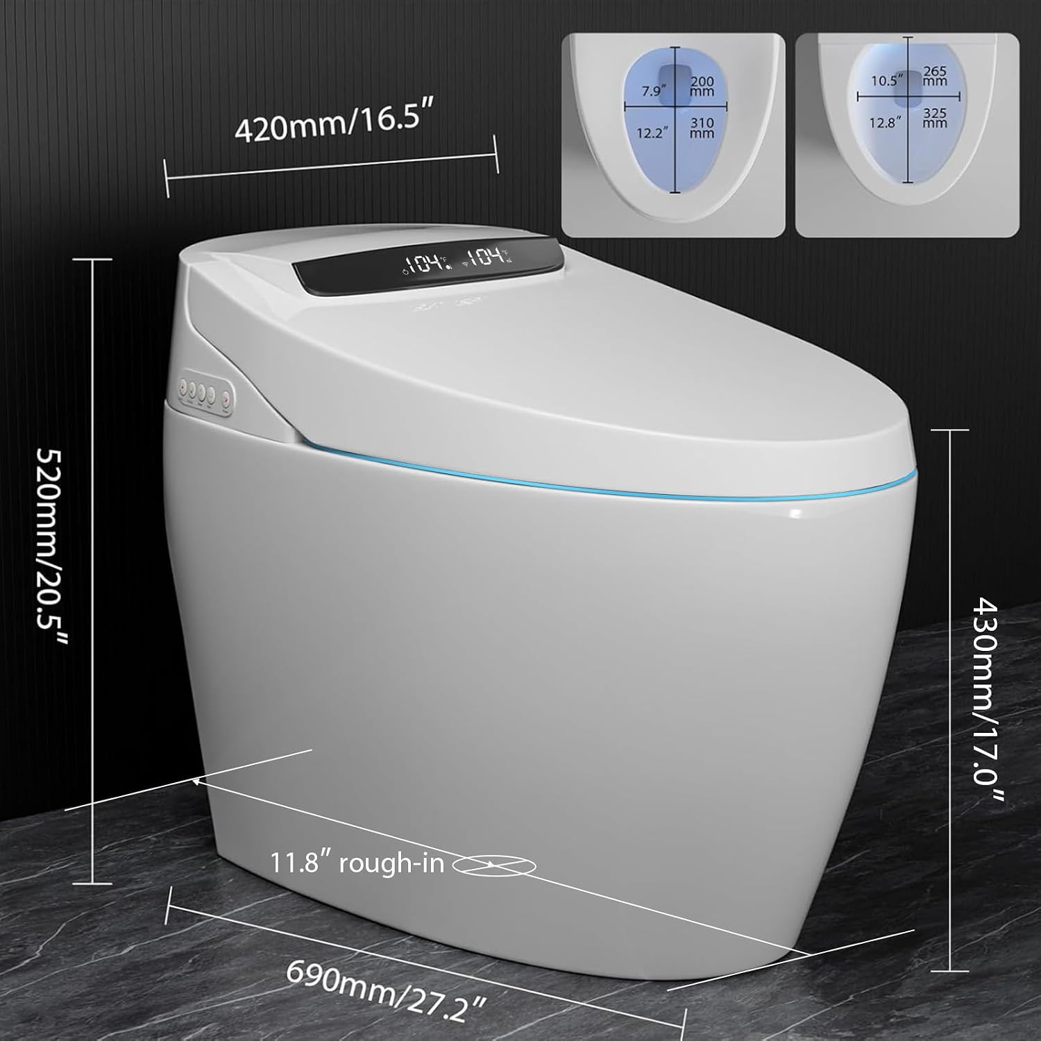 Smart Toilet with Bidet and Foam Shield Splash-Proof Protection, Touchless Auto Open Lid & Self-Cleaning, Modern Tankless Toilet with Remote Control, Heated Seat for Home Use