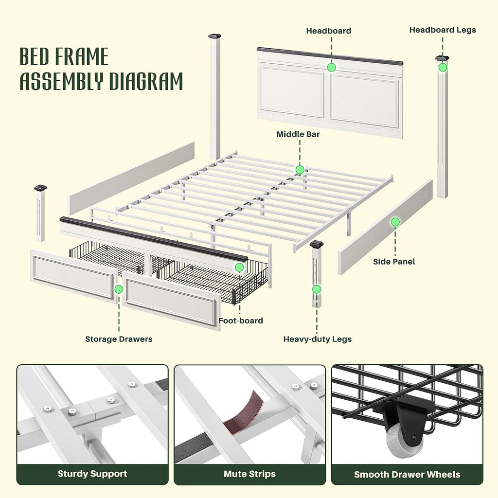 Homkdom Farmhouse Queen Size Bed Frame, 51' Tall Queen Bed Frame with Headboard, Bed Frame with 2 Storage Drawers, No Box Spring Needed, White