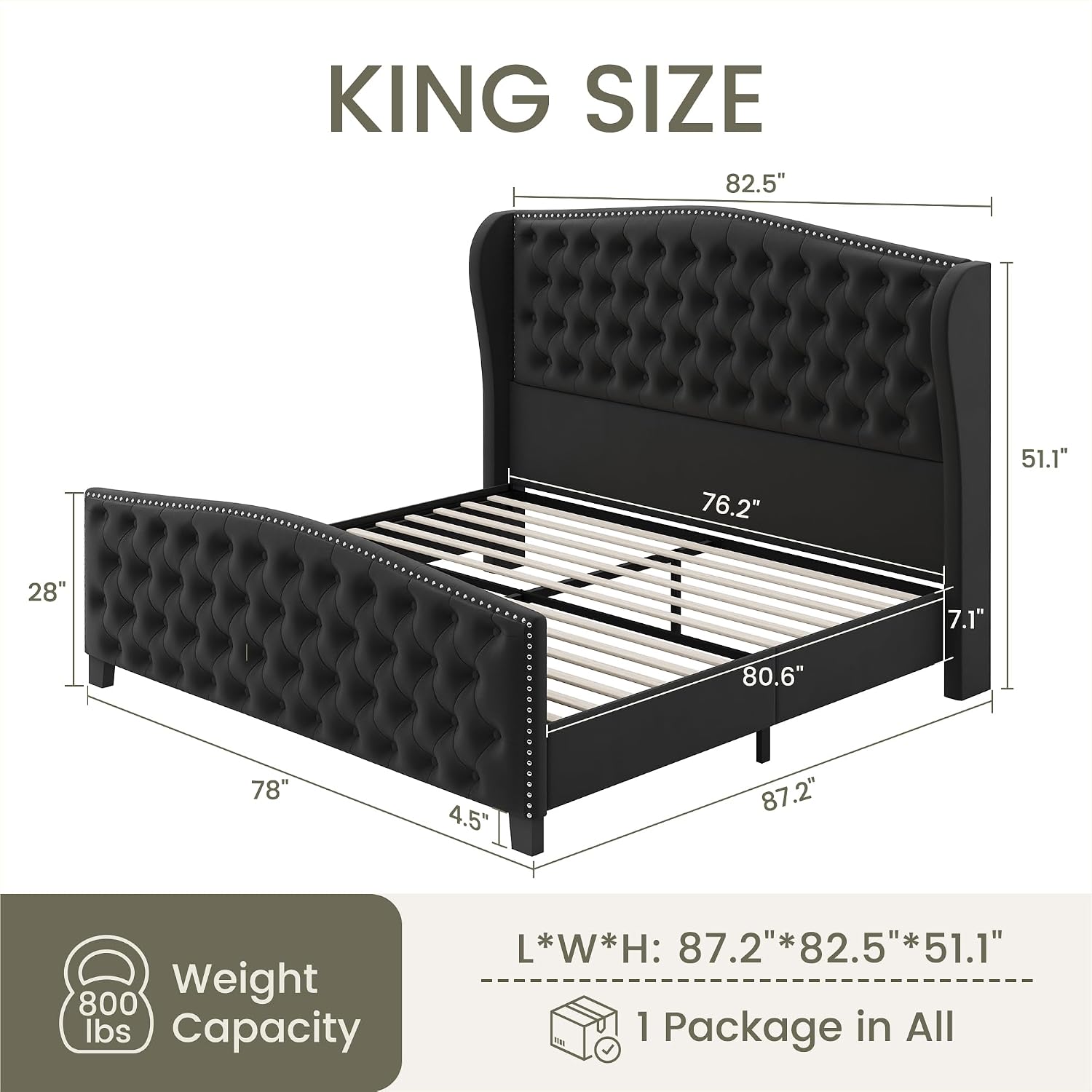 LARMACE King Size Bed Frame Velvet Upholstered Platform Bed with Wingback Headboard & Footbaord, Deep Button Tufted Bed Frame with Wood Slats Support, No Box Spring Needed, Black