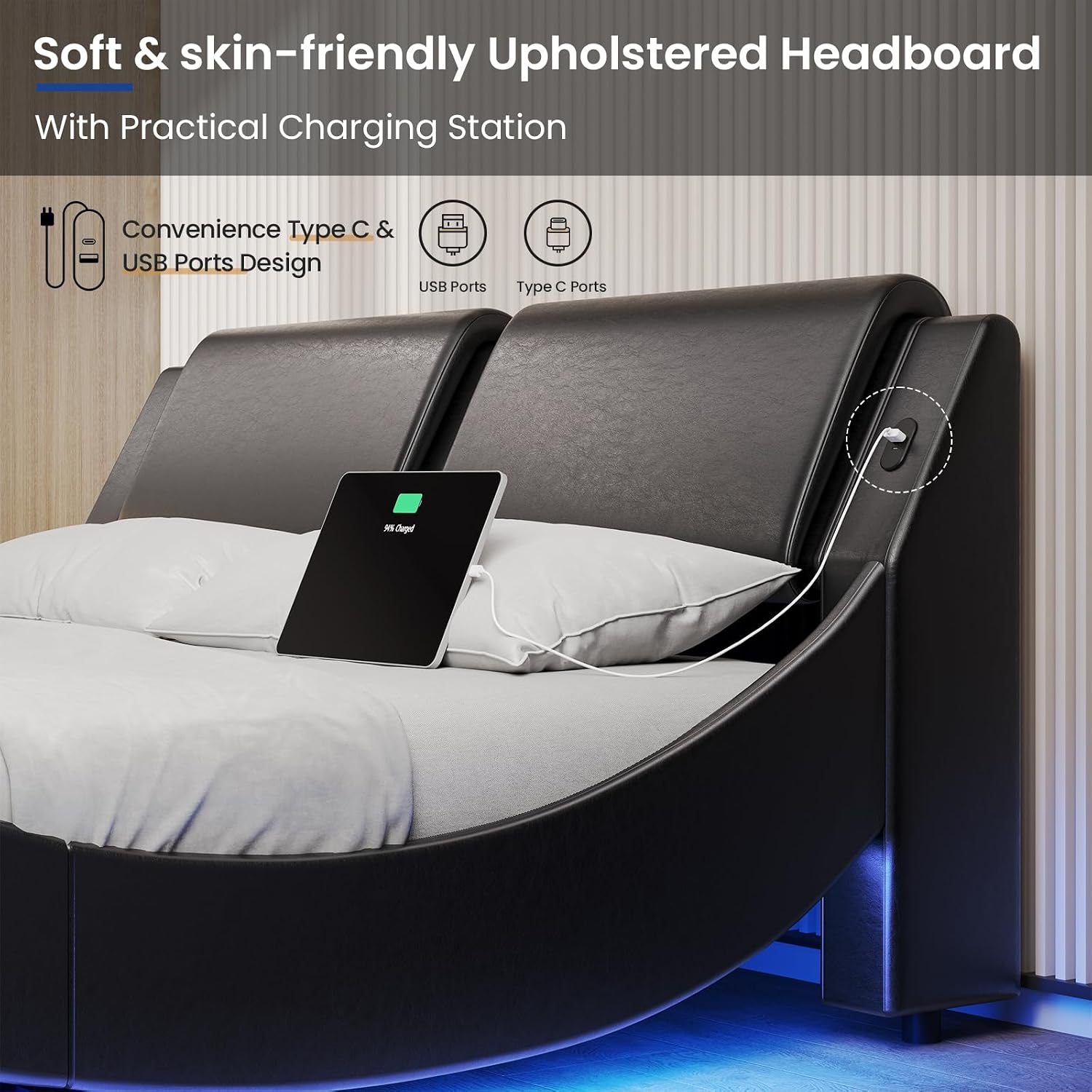 DICTAC Queen Bed Frame with Led Lights and Charging Ports Modern Upholstered Queen Size Platform Bed with Headboard Faux Leather Wave Like Curve Low Profile Platform Bed Frame,Wood Slats Support,Black