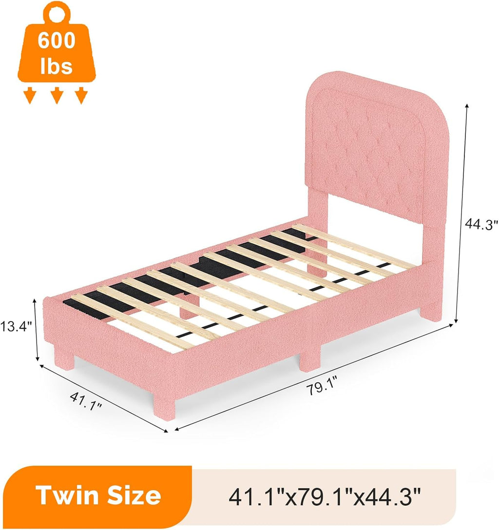 VINGLI Twin Platform Bed Frame Set of 2 with 46 Inches Tall Boucle Upholstered Headboard, Girls Puffy Cloud Princess Single Panel Bed with Rounded Corners for Kids Room, Apartment, Pink | Cream Furniture