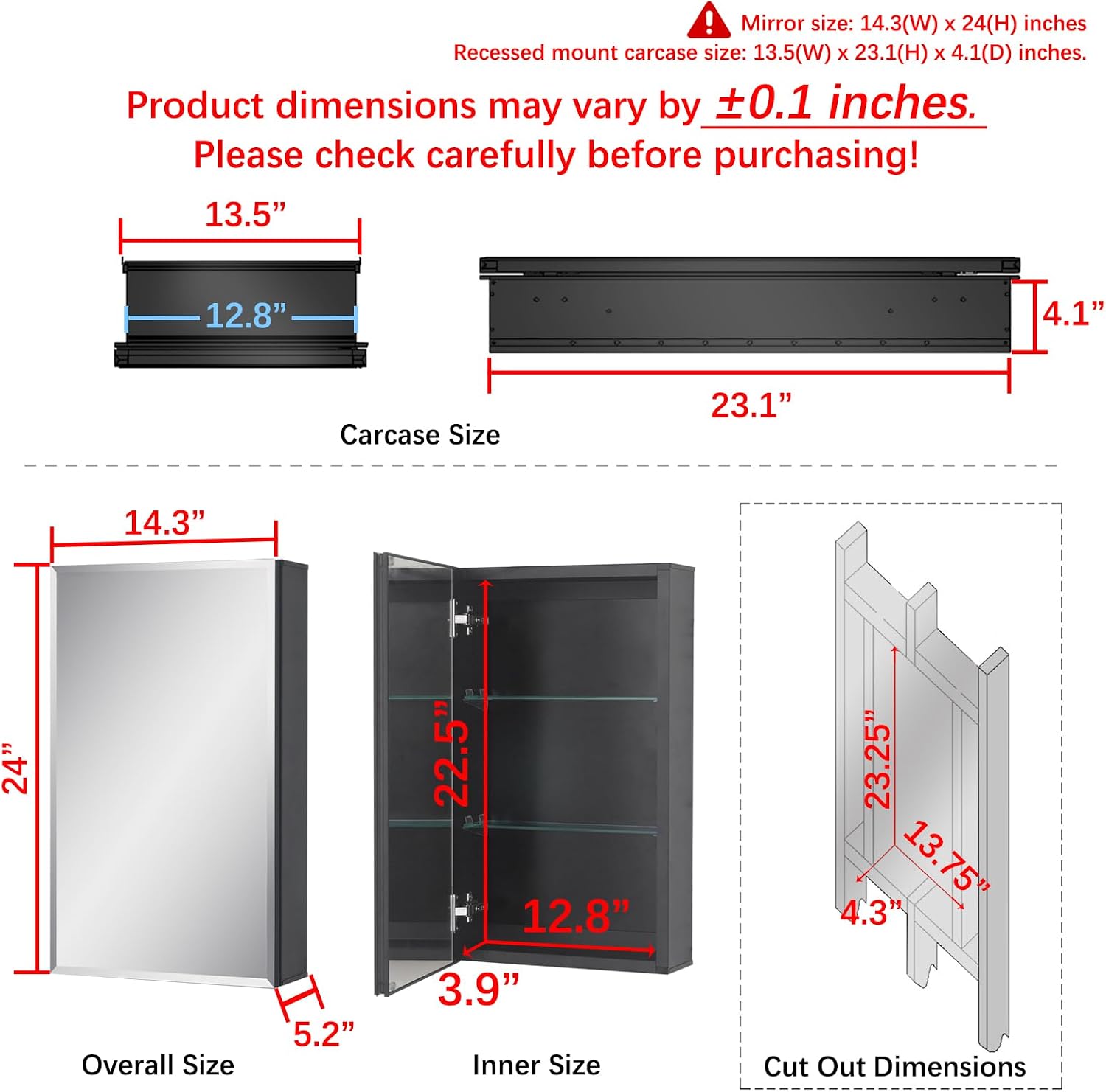 Fundin Medicine Cabinet 14 x 24 inches Mirror Size, Recessed or Surface Mount, Black Aluminum Bathroom Wall Cabinet with Mirror and Adjustable Shelves.