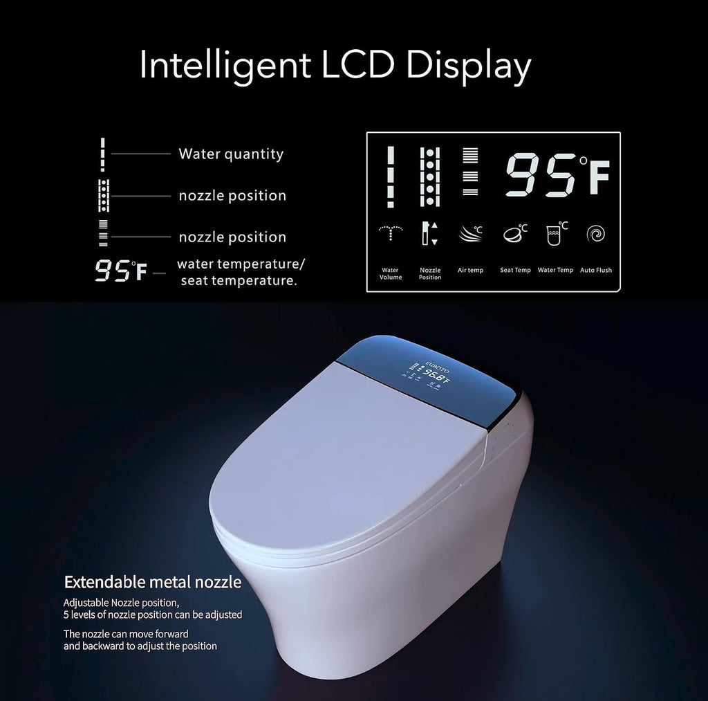 EUROTO Smart Toilet with Auto Open/Close Lid, Foot Sensor Flush, Instant Warm Water, Heated Seat, Warm Air Dryer, Night Light, Dual Flush Bidet