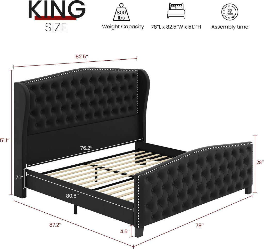 BRELTAM Upholstered King Size Bed Frame Velvet Black Tufted Platform Bed Frame with Wingback Headboard & Footboard, with Deep Button Tufted & Nailhead Wooden Slats Support, No Box Spring Needed