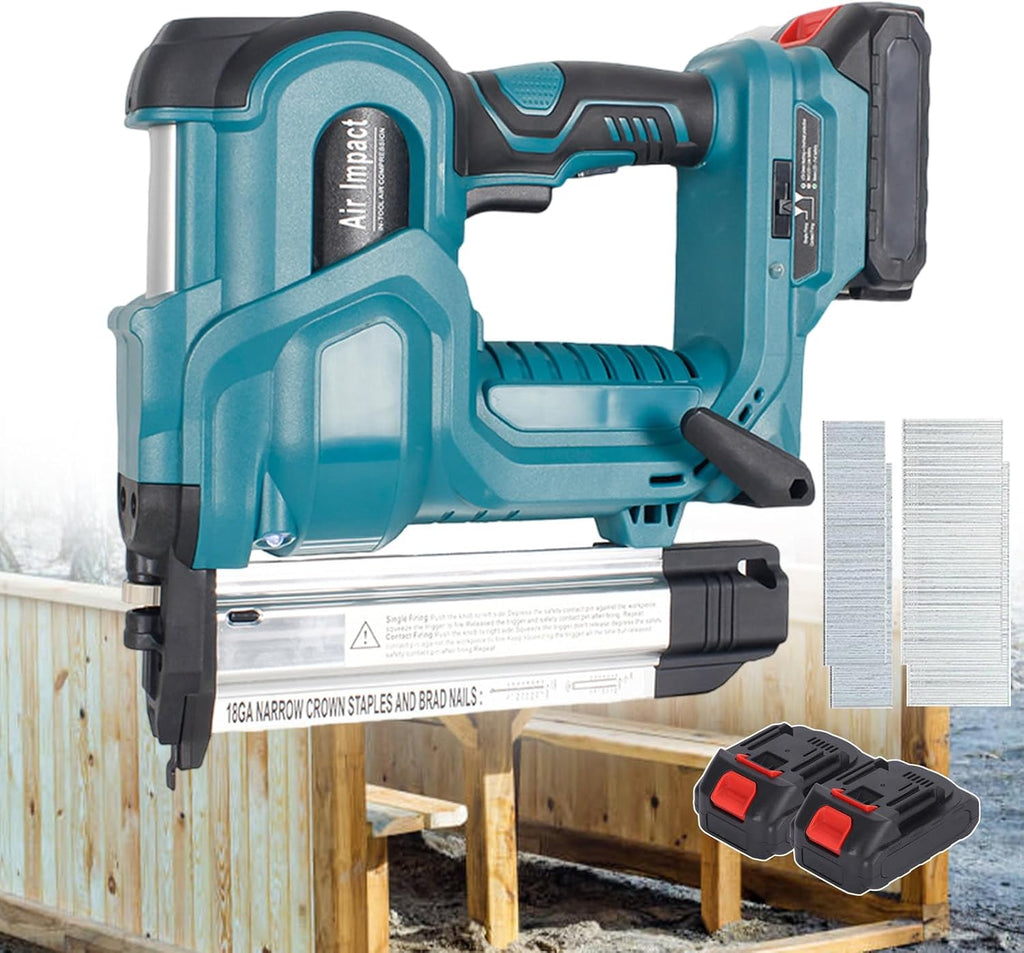 Cordless Brad Nailer, Handheld Electric Nail Staple Machine, with 2 Batteries, 2 in 1 Woodworking Stapler Nailer with 200 Straight Nails & 200 Staples, for Carpentry, Upholstery,Blue
