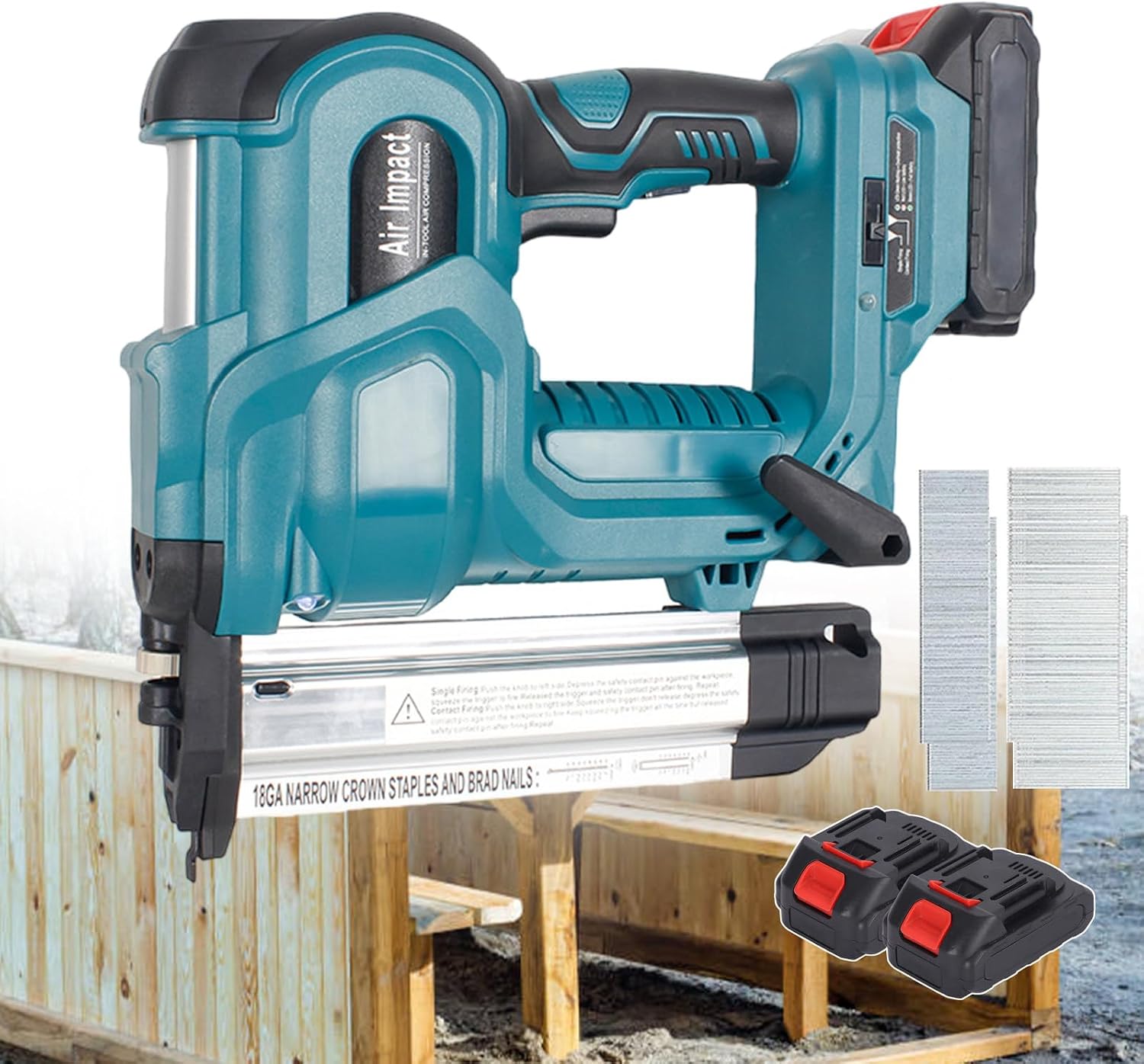 Cordless Brad Nailer, Handheld Electric Nail Staple Machine, with 2 Batteries, 2 in 1 Woodworking Stapler Nailer with 200 Straight Nails & 200 Staples, for Carpentry, Upholstery,Blue