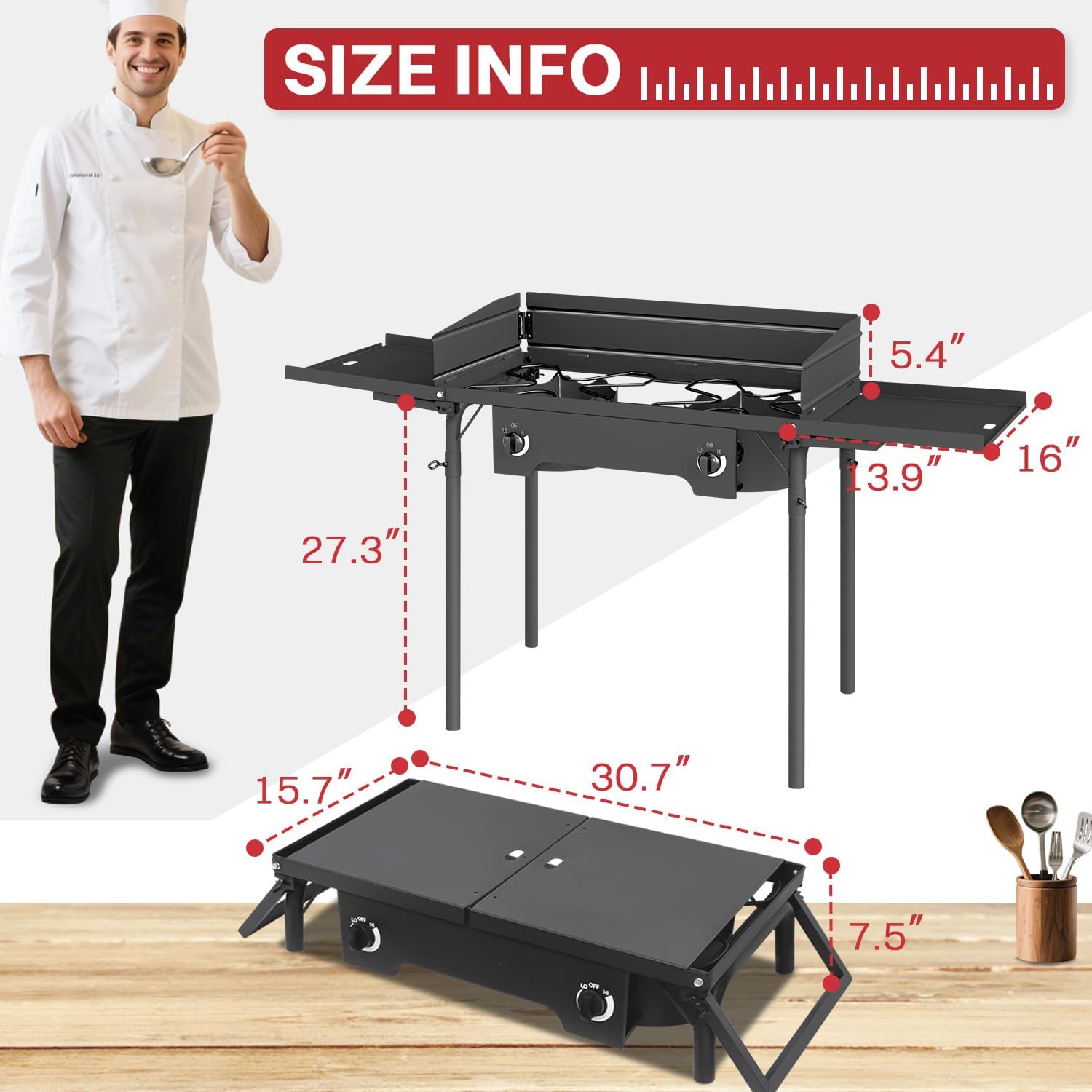 2 Burner Propane Camp Stove | 150,000 BTU Gas Burners | Side Shelves | Windscreen | Waterproof Cover | Detachable Legs | Ideal for Camping Backyard Outdoor Cooking