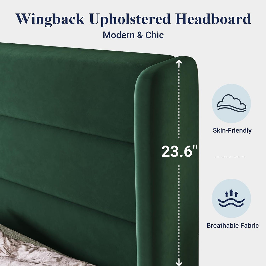 Allewie Full Size Platform Bed Frame with Velvet Upholstered Wingback Headboard, No Box Spring Needed, Under Bed Storage Space, Strong Wooden Slats, Modern Mattress Foundation, Easy Assembly, Green