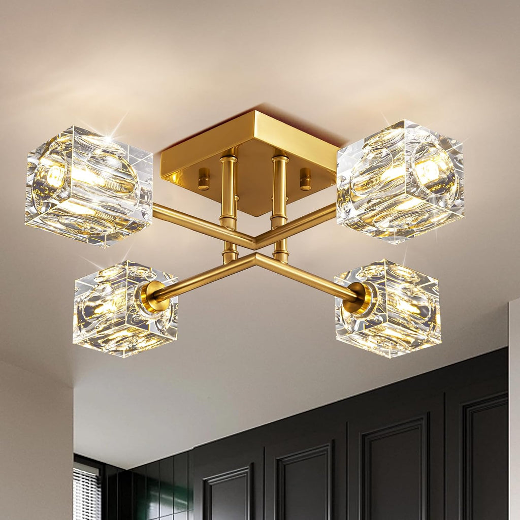 Gold Modern Sputnik Chandelier Ceiling Light Fixtures,4-Lights Industrial Crystal Semi Flush Mount Ceiling Light for Bedroom Dining Room Hallway Kitchen Bedroom Entryway