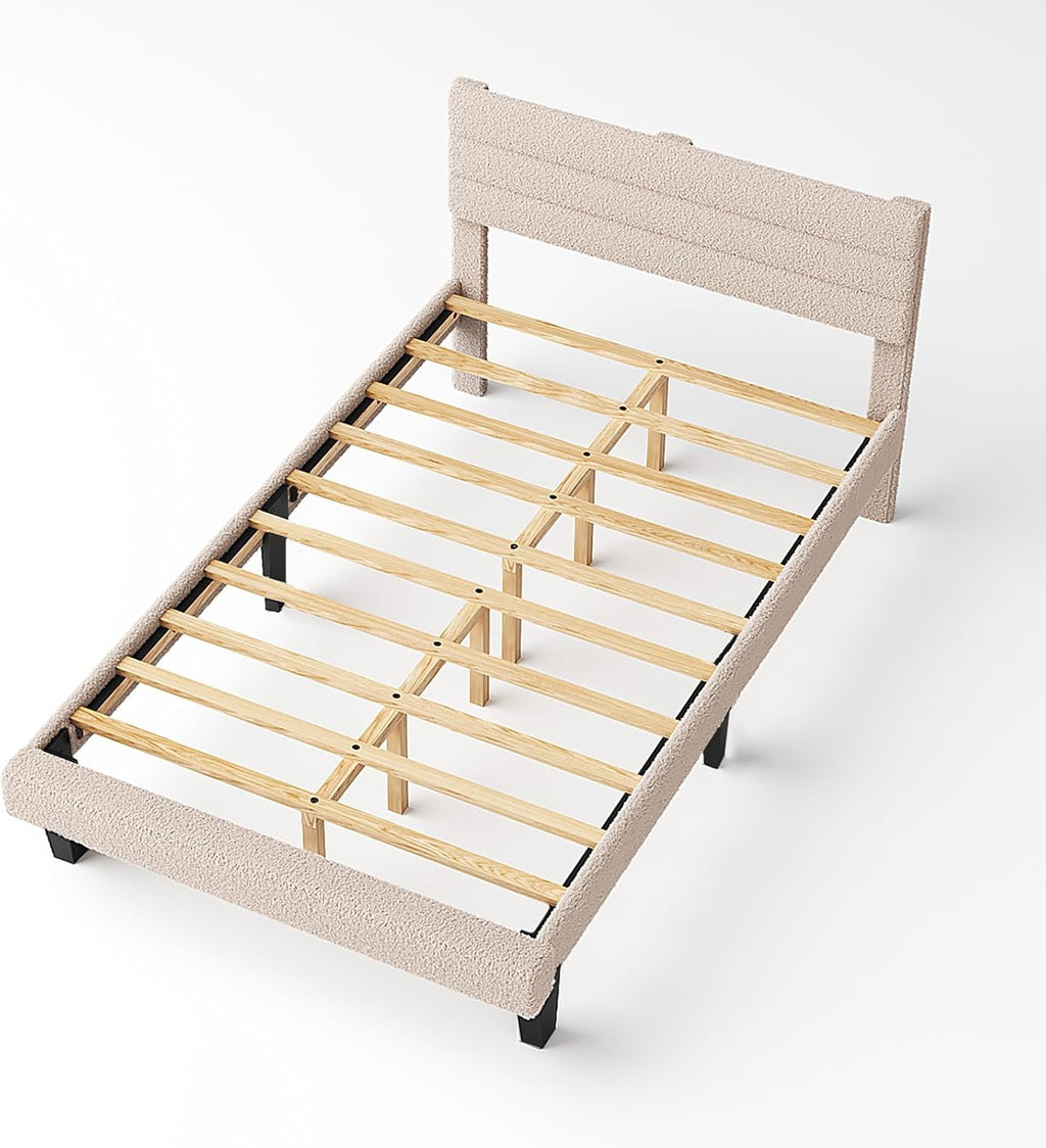 VINGLI Set of 2 Twin Bed Frames for Kids,Boucle Upholstered Platform Bed with Adjustable Headboard,Sturdy Wood Slats Support,Cloud Single Bed with Cream Design,Noise Free, Easy Assembly, Beige