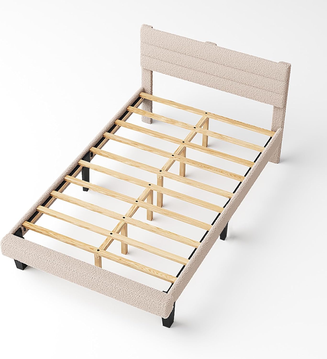 VINGLI Set of 2 Twin Bed Frames for Kids,Boucle Upholstered Platform Bed with Adjustable Headboard,Sturdy Wood Slats Support,Cloud Single Bed with Cream Design,Noise Free, Easy Assembly, Beige