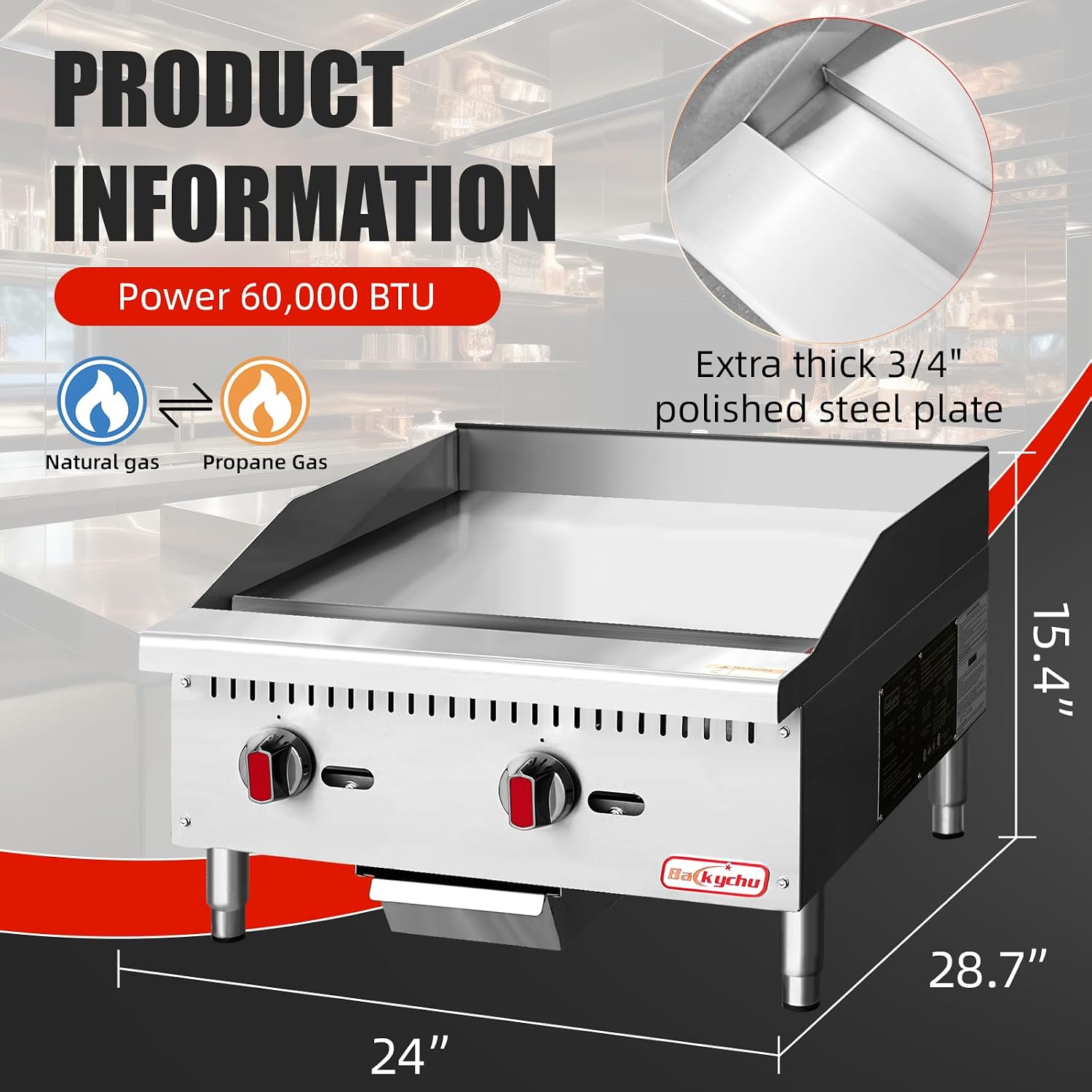 Commercial Gas Griddle - 24' Countertop Griddle. 60,000 BTU Flat Top Griddle, Natural Gas (NG) / Propane, CSA Certified