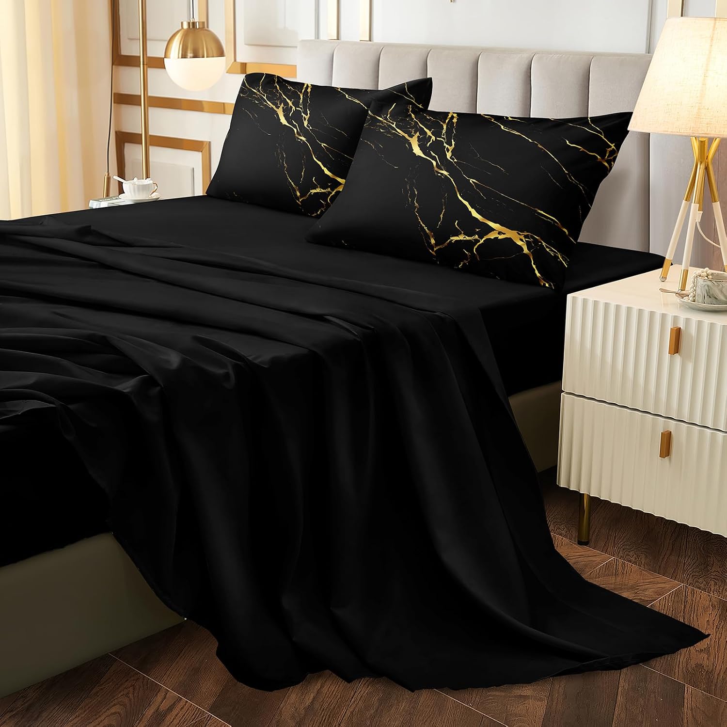 Merryword 8 Pcs Bed in a Bag Comforter Set - California King Size Black Gold Marble Bedding Set