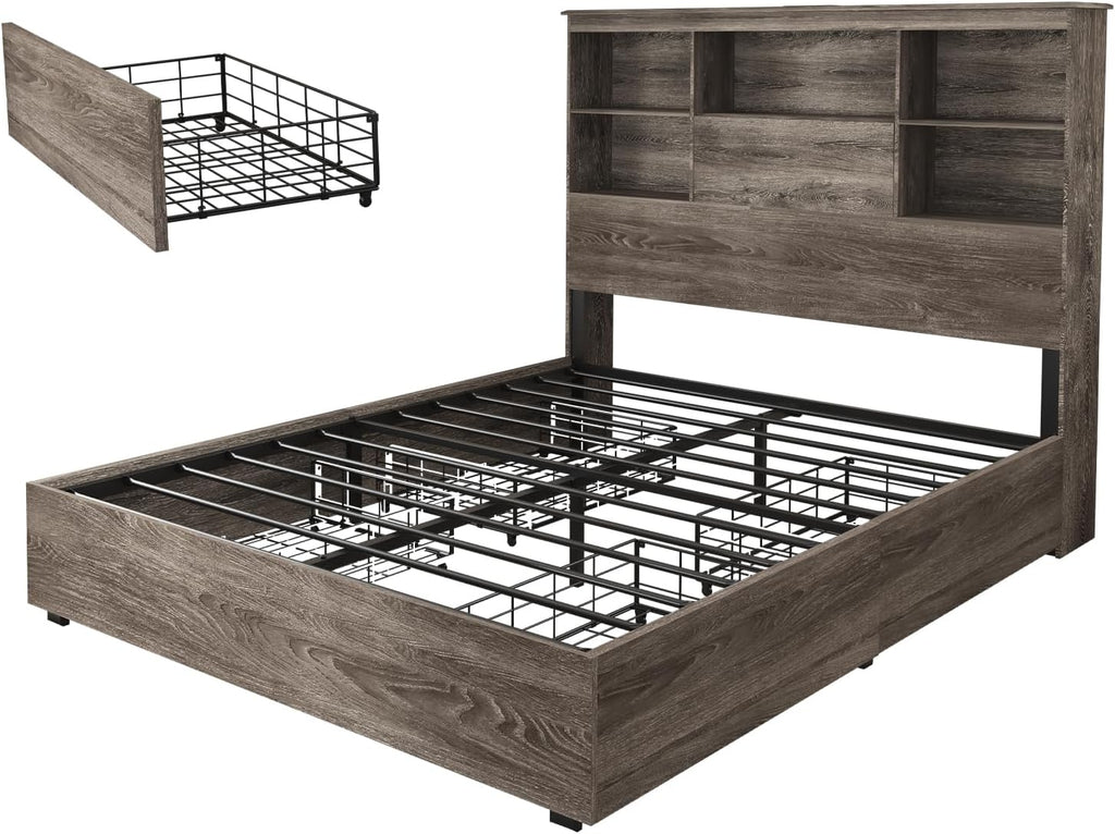 AMERLIFE Queen Size Bed Frame Wooden Platform Bed with 51.2' LED Storage Bookcase Headboard, 4 Storage Drawers & Charging Station/No Box Spring Needed/Noise Free/Rustic Grey