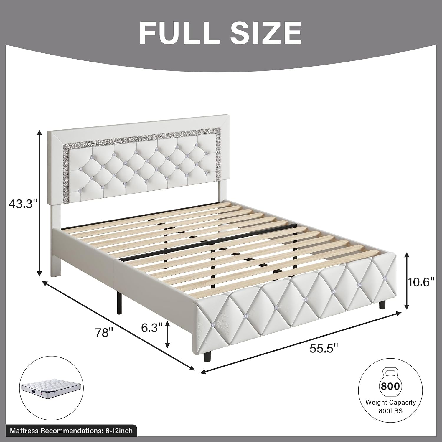 BarnFurin Full Size Bed Frame, Upholstered Platform Bed with Button Tufted Headboard, Princess Platform Bed with Diamond Design, Wooden Slats Support, No Box Spring Required, Easy Assembly, White