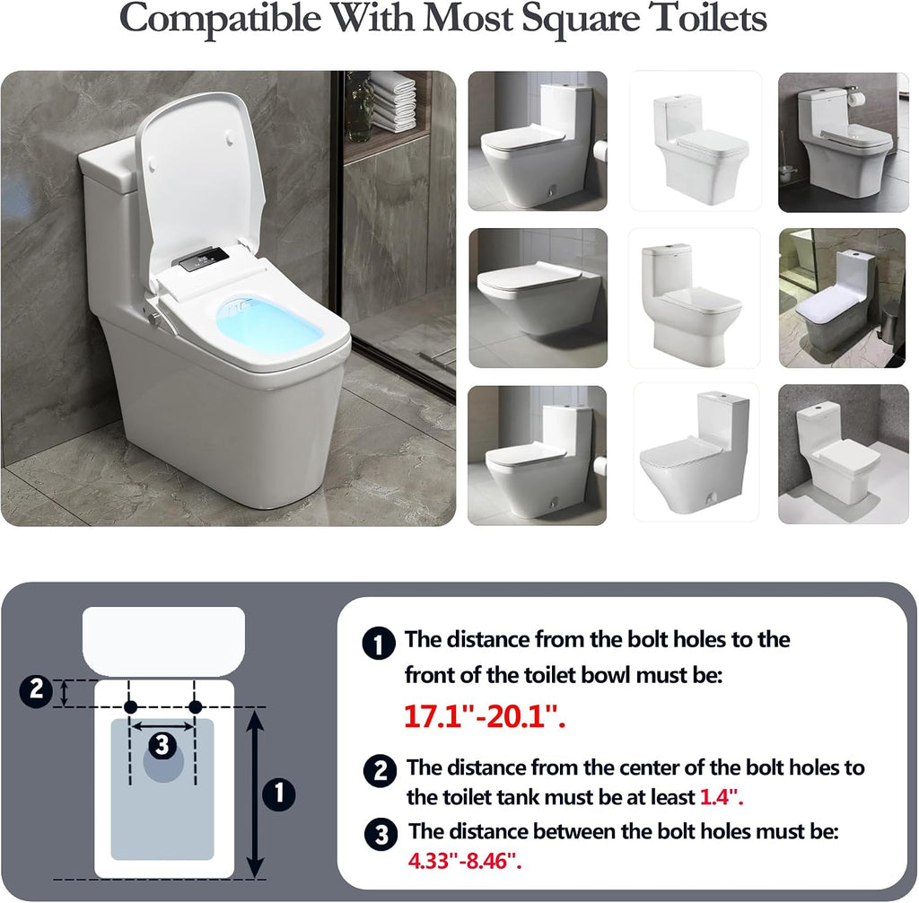 XCQQ Bidet Square Toilet Seat for Rectangle Toilets, Rectangular Electric Heated Bidet Toilet Seat with Wireless Remote, Adjustable Warm Water and Air Dryer, Oscillating Wash