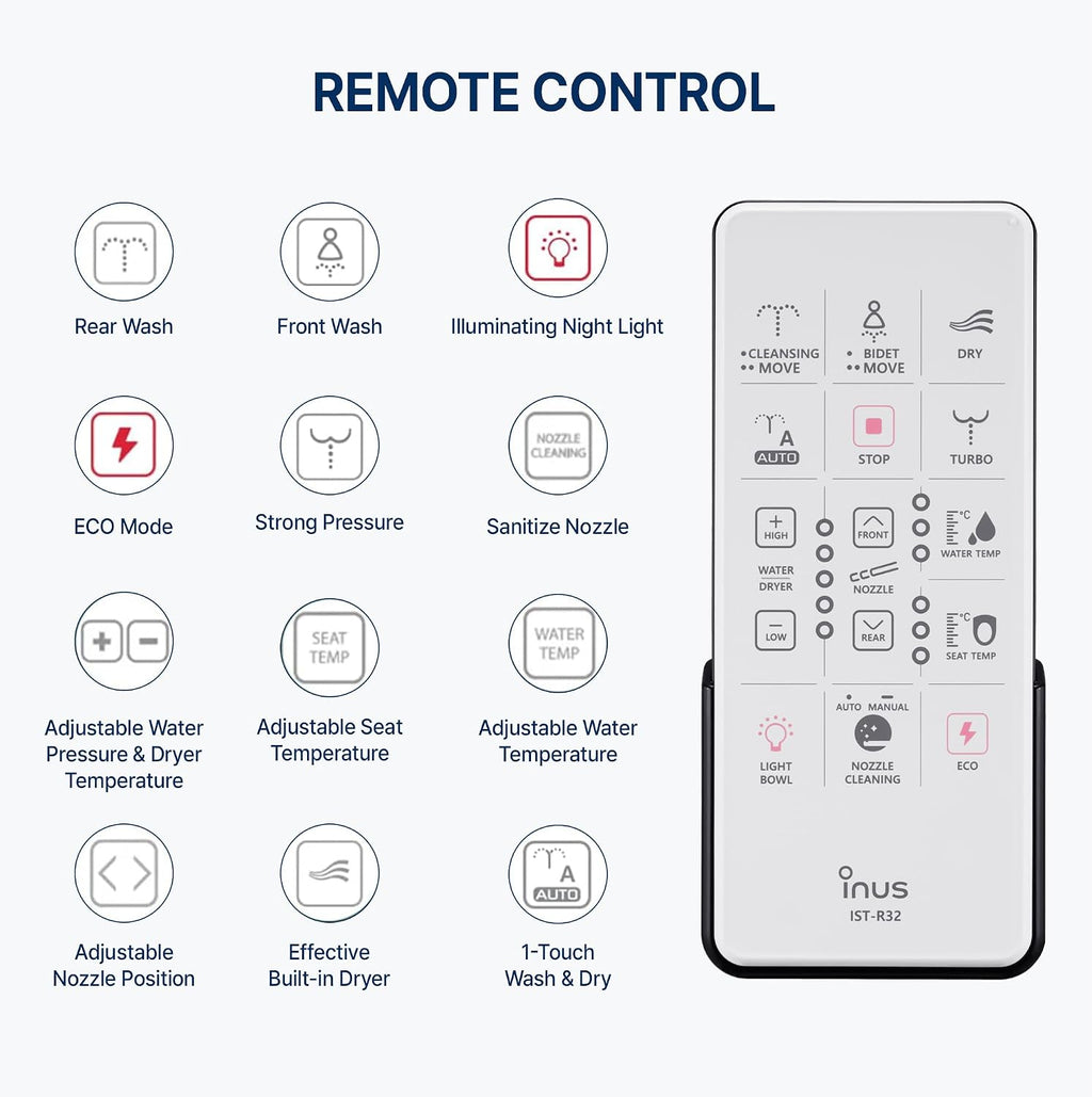 Inus R32 Electric Heated Bidet Toilet Seat Elongated, Warm Water, Smart Heated Water Luxury Bidet Toilet Seat with Remote Control, Night Light, Air Dryer, Tankless & Temperature Control, Easy Removal