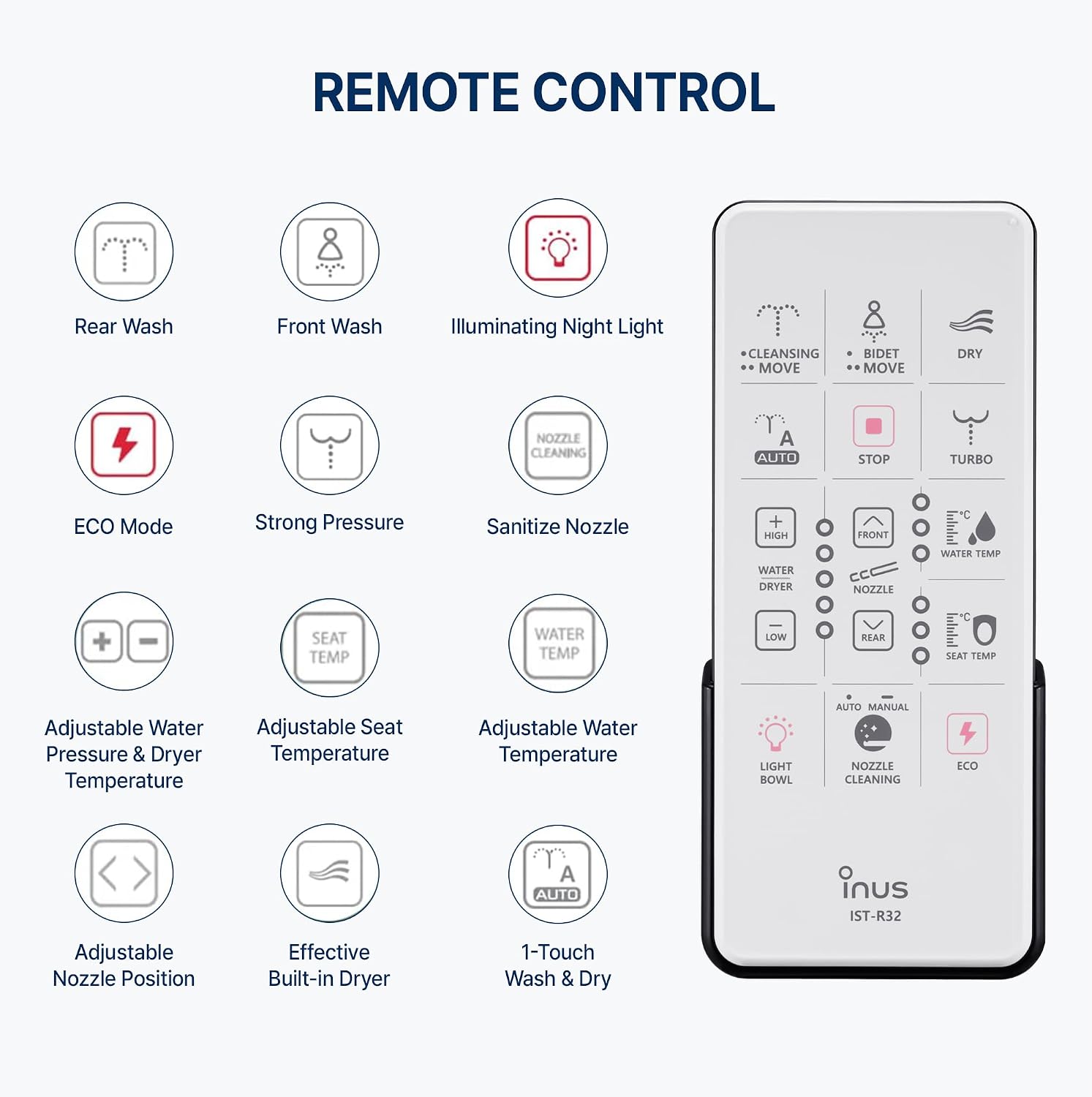 Inus R32 Electric Heated Bidet Toilet Seat Elongated, Warm Water, Smart Heated Water Luxury Bidet Toilet Seat with Remote Control, Night Light, Air Dryer, Tankless & Temperature Control, Easy Removal