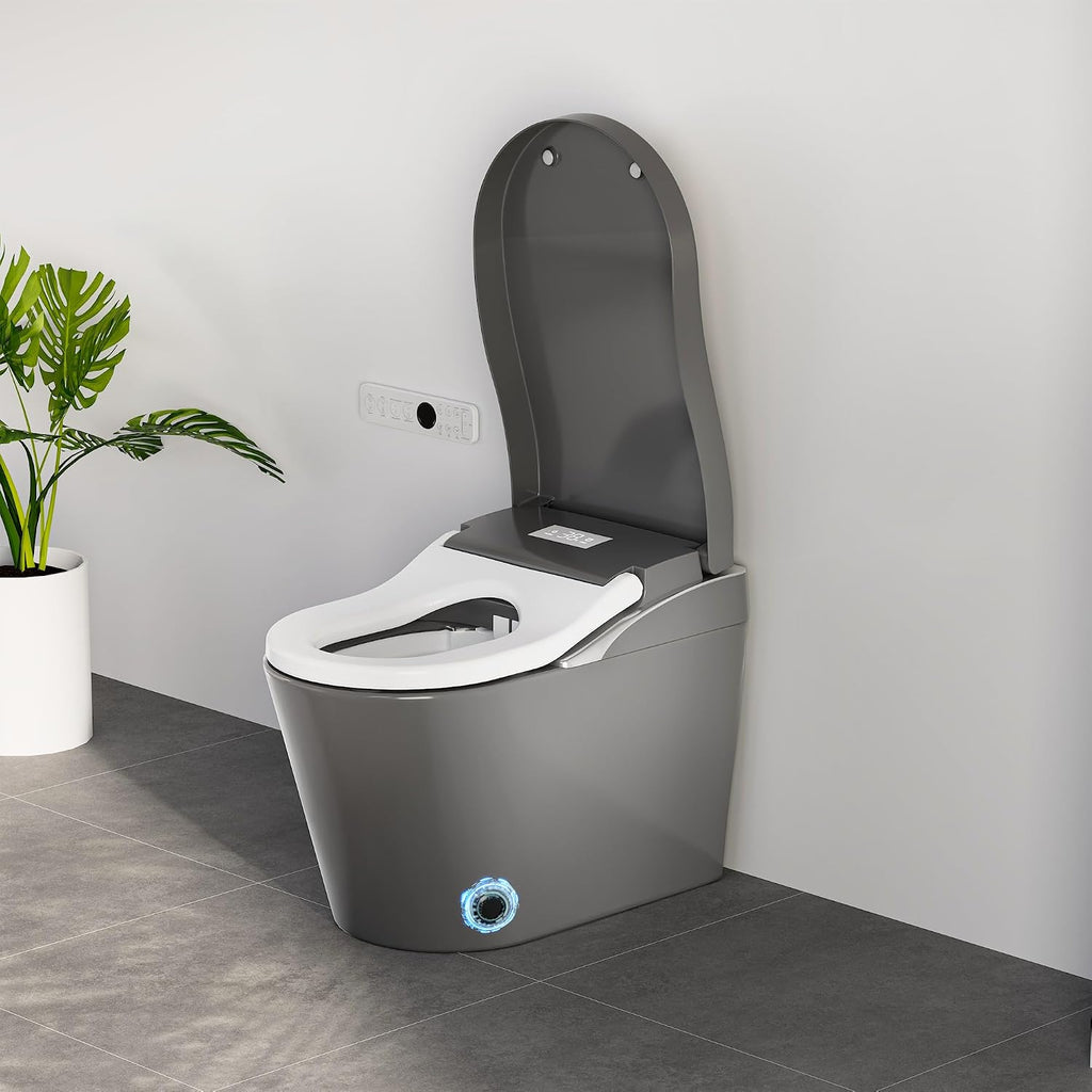 WinZo Modern Smart Toilet with Bidet, One-Piece Elongated, Porcelain, Auto Flush, Heated Seat, Warm Air Drying, 27 x 16 x 21 Inches, for Luxury Bathroom (Matte Grey)