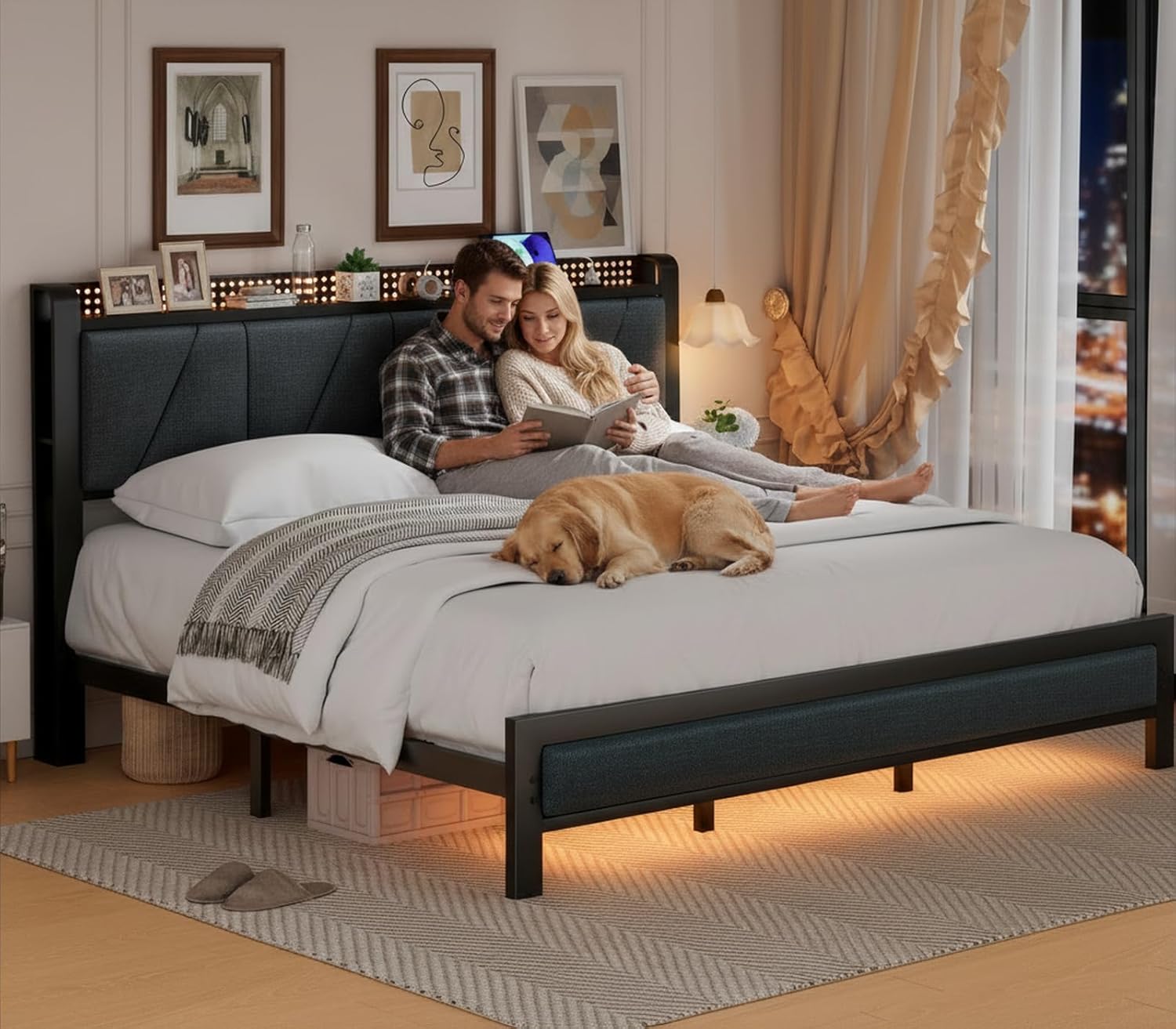Furnulem King Size Bed Frame with Headboard, LED Light and Charging Station, Metal Platform Bed with Heavy Duty Slats, No Box Spring Needed, Noise Free & Easy Assembly
