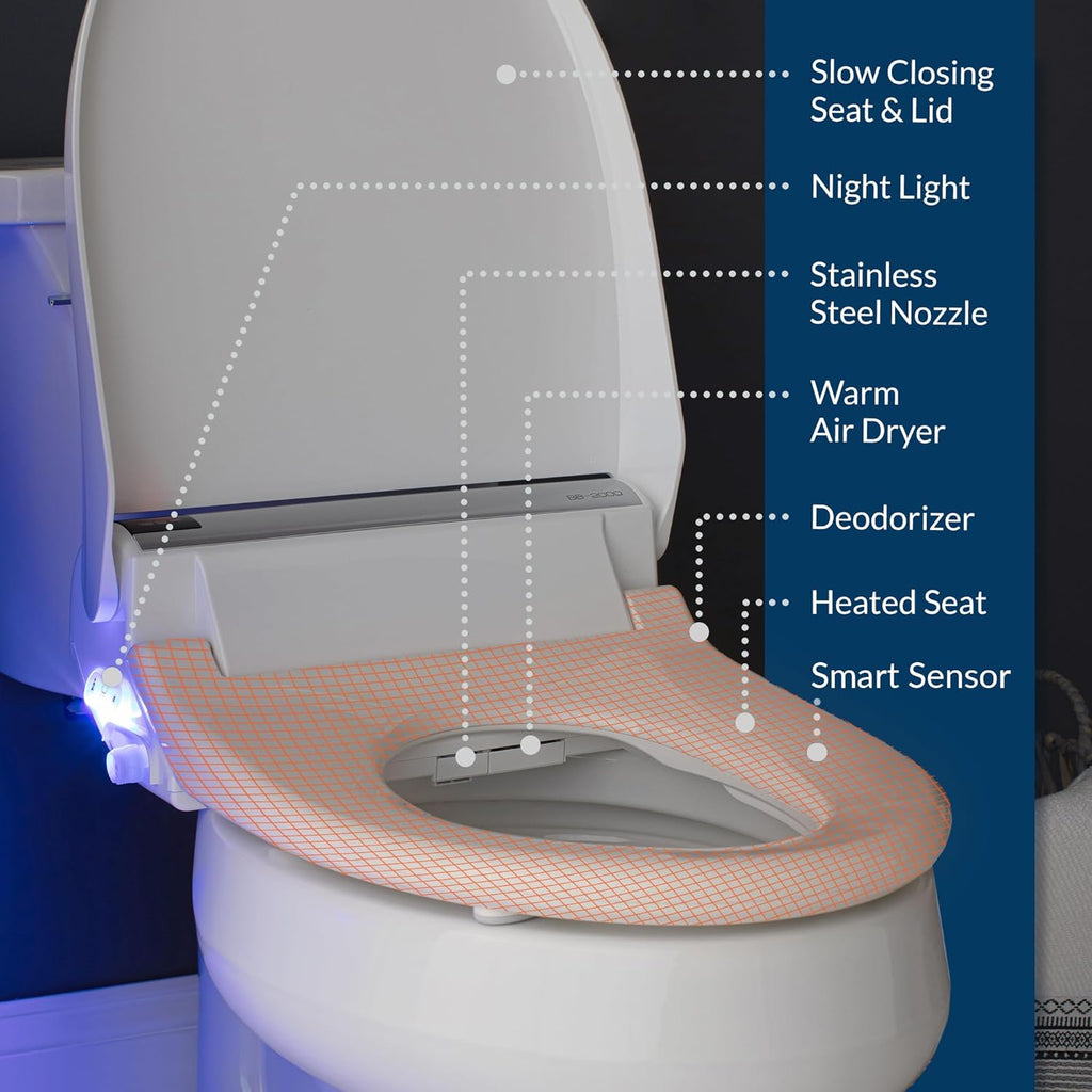 Bio Bidet BB2000 Electric Bidet Toilet Seat, Warm Water with Air Dryer, Heated Seat with Sensor and Slow Close Lid, Night Light, Modern Black Remote Control, Elongated