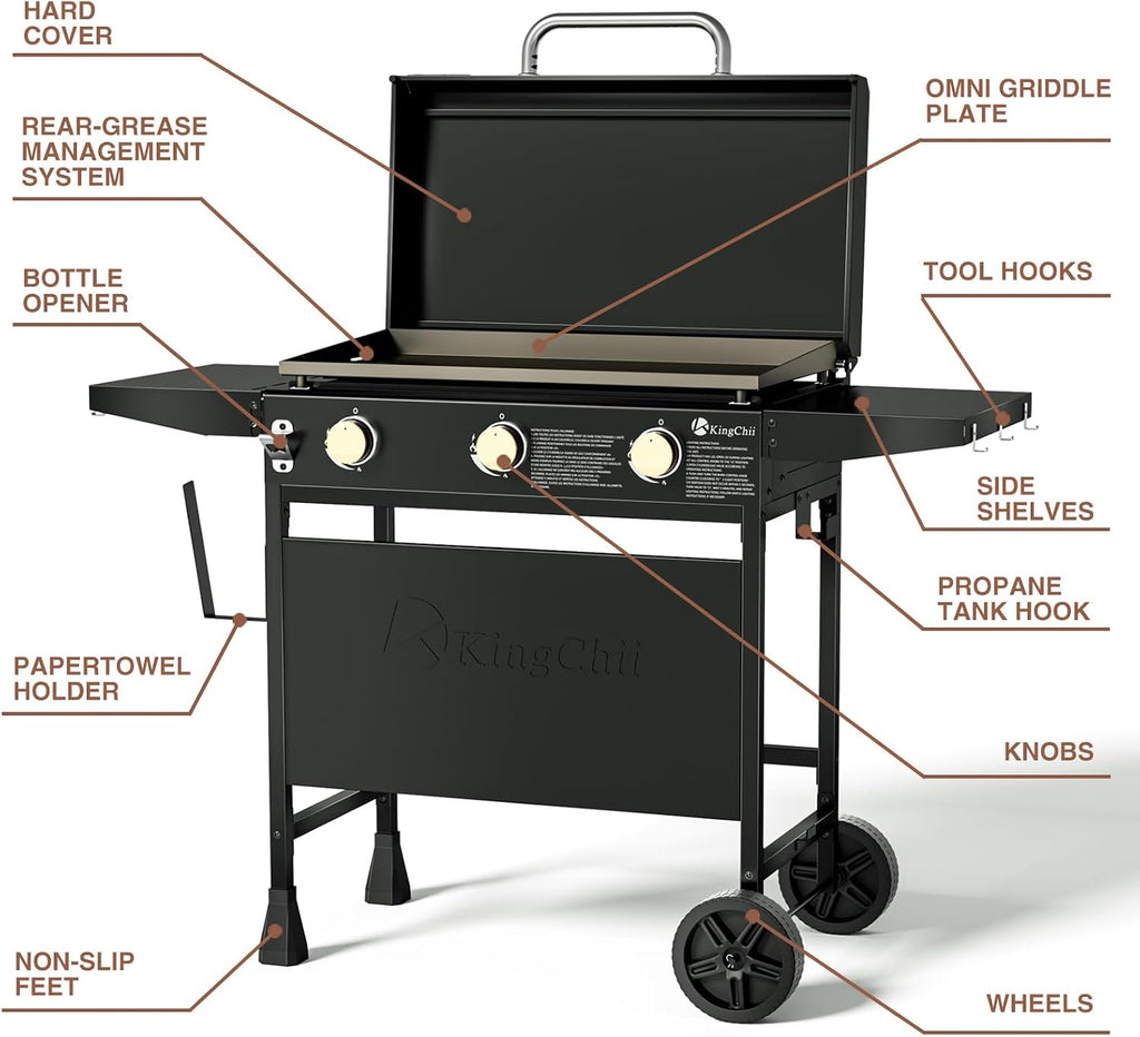 KingChii 28' 3-Burner Griddle with Integrated Protective Hood and Counter Height Side Shelves, Powder Coated Steel, Black