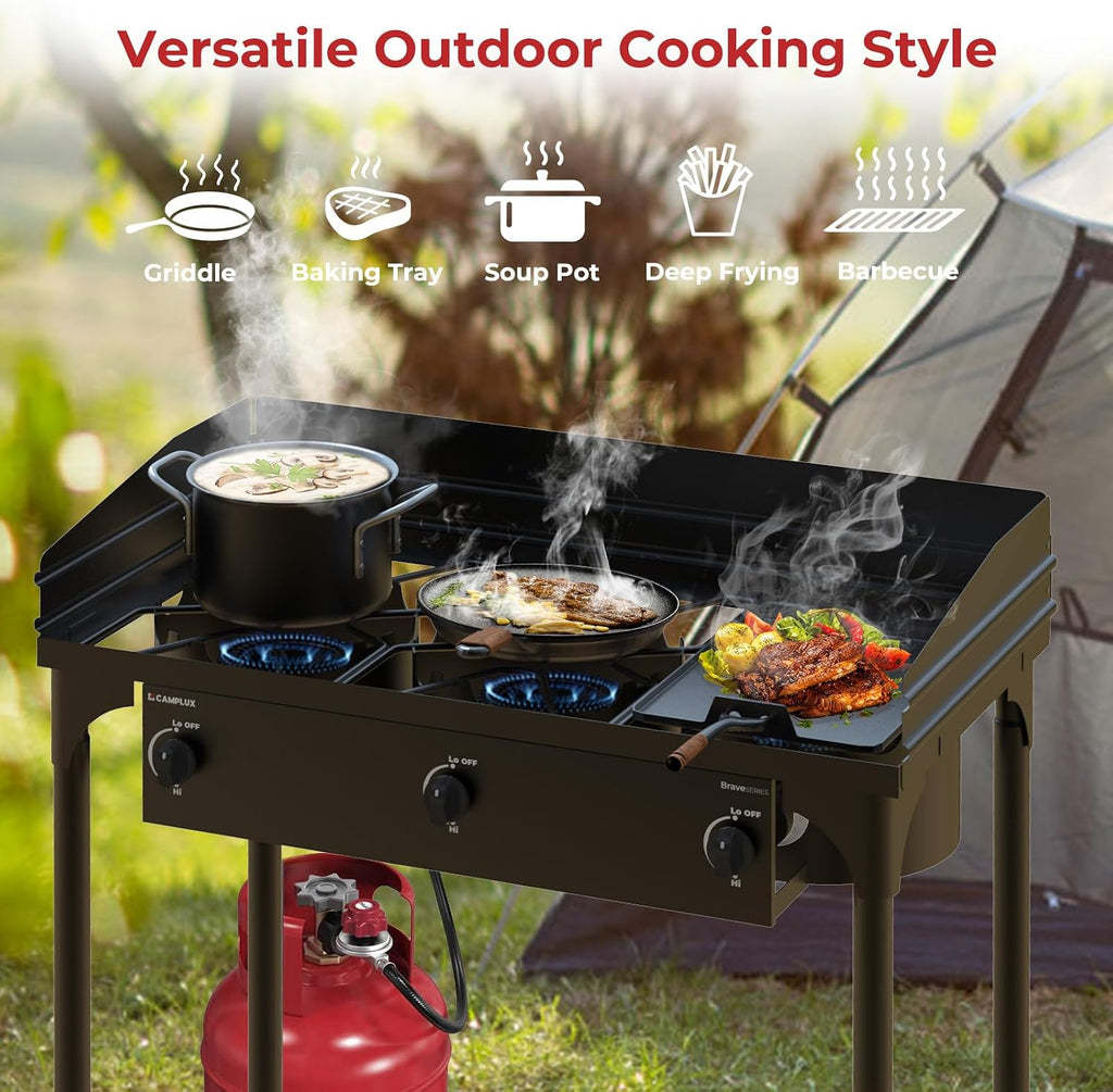 CAMPLUX 3 Burner Camping Stove for Outdoor Cooking, 225,000 BTU Propane Outdoor Stove with Detachable Stand Legs and Windshield, Propane Gas Stove with Adjustable High Pressure Regulator and Hose