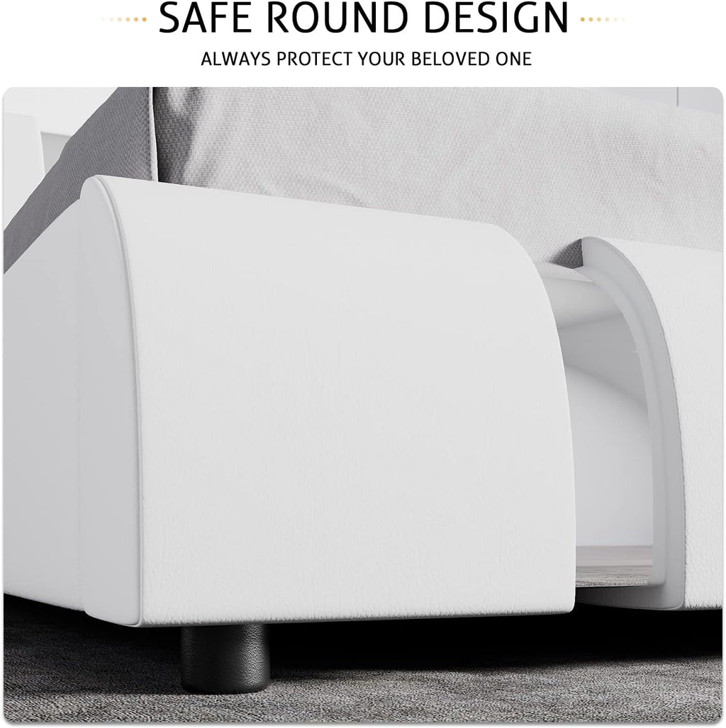 SHA CERLIN King Size Bed Frame with Iron Pieces Decor and Adjustable Headboard/Deluxe Upholstered Modern Platform Bed with Solid Wooden Slats Support/No Box Spring Needed, White