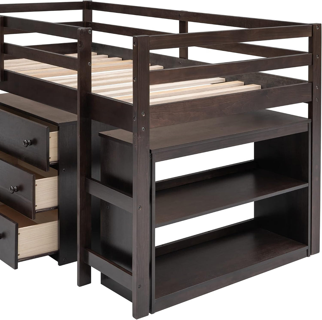 Harper & Bright Designs Wood Twin Size Loft Bed with Desk and Storage Cabinet, Low Loft Bed with Storage Drawers for Kids Teens Girls Boys, No Box Spring Needed, Space Saving, Espresso