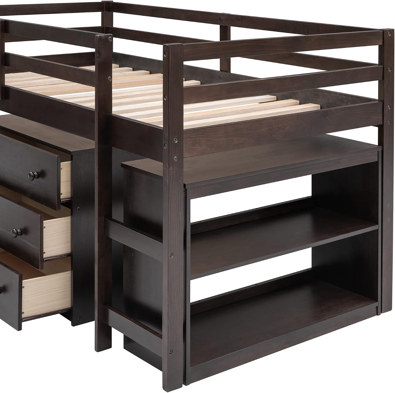 Harper & Bright Designs Wood Twin Size Loft Bed with Desk and Storage Cabinet, Low Loft Bed with Storage Drawers for Kids Teens Girls Boys, No Box Spring Needed, Space Saving, Espresso