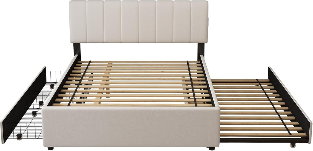 Full Size Upholstered Platform Bed with Trundle,2 Storage Drawers & USB/Type-C Charging,Chenille Fabric Bed Frame with APP-Controlled LED Lights,No Box Spring Needed,800LBS Capacity for Bedroom,Beige