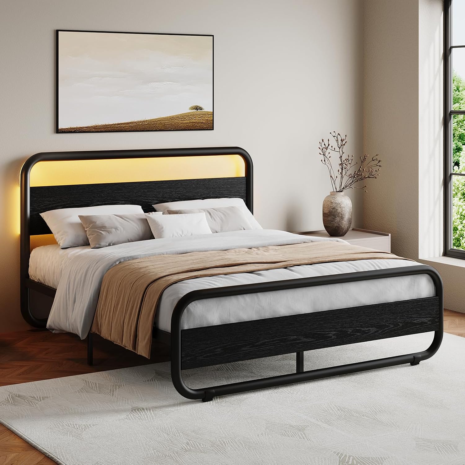 Catrimown Queen Bed Frame with LED Lights, Heavy Duty Metal Rustic Platform Bed Frame Queen Size with Headboard, Noise Free, No Box Spring Needed, Black