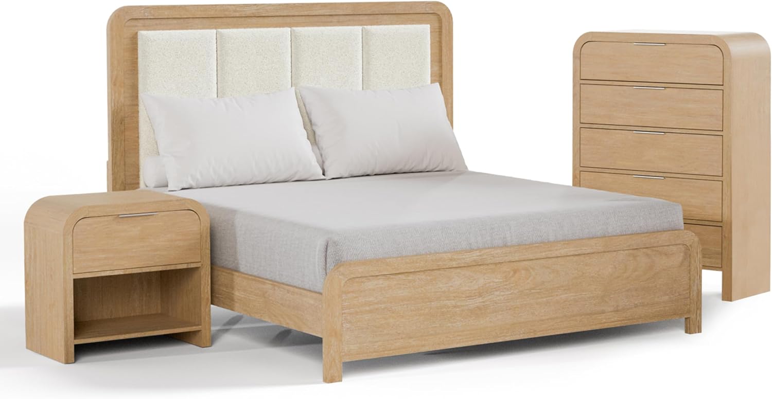 Furniture of America Verena Boho Solid Wood 3-Piece Bedroom Set with Padded Headboard Bed, Metal Side Glide, Finger Pulls on Nightstand and Chest, Box Spring Needed, Queen, Natural