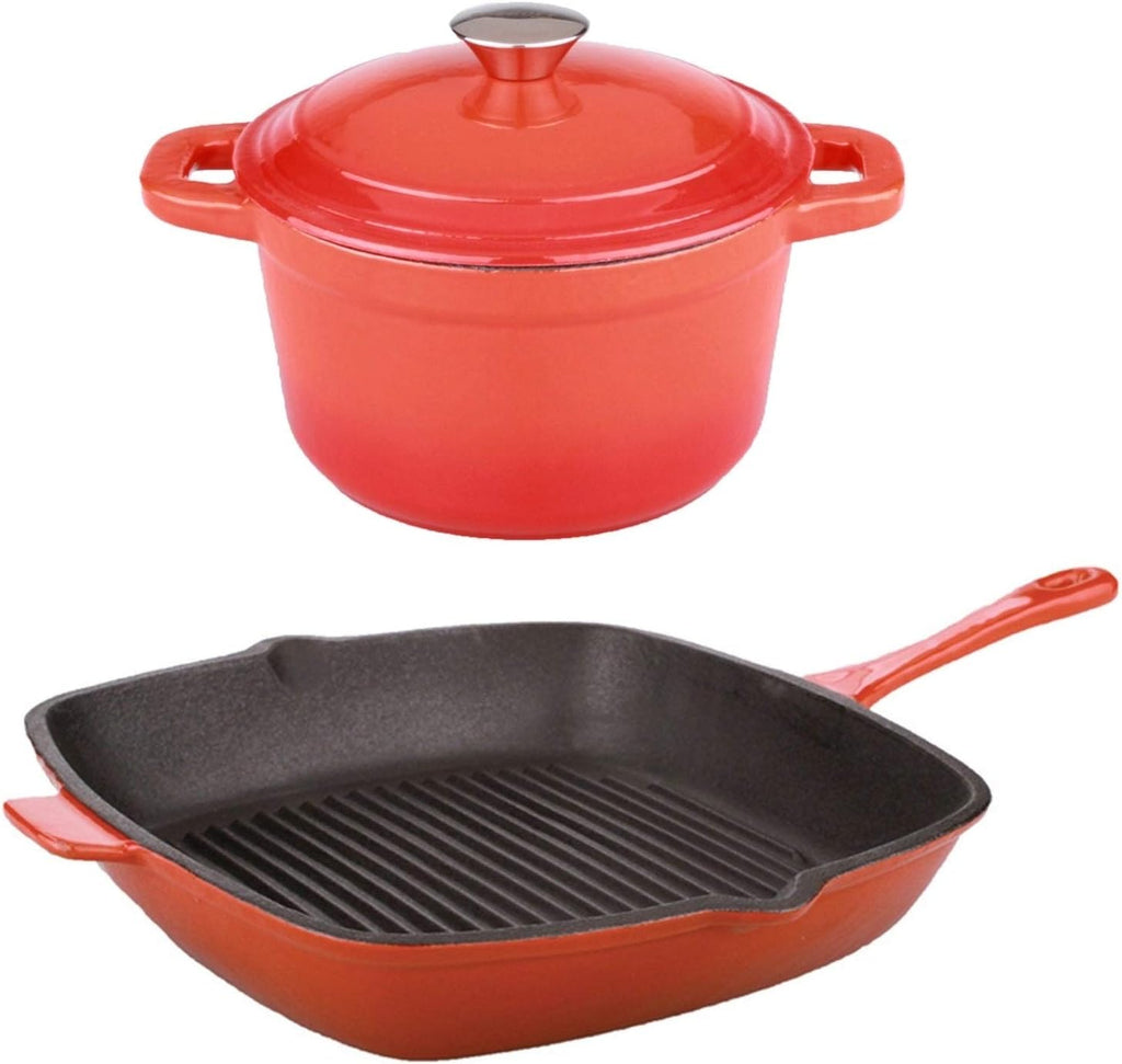 BergHOFF 3Pc Neo Enameled Cast Iron Cookware Set, 3qt. Dutch Oven, Matching Lid, Square Grill Pan 11 Inches, Oven Safe Up To 400°F, Orange
