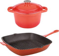 BergHOFF 3Pc Neo Enameled Cast Iron Cookware Set, 3qt. Dutch Oven, Matching Lid, Square Grill Pan 11 Inches, Oven Safe Up To 400°F, Orange