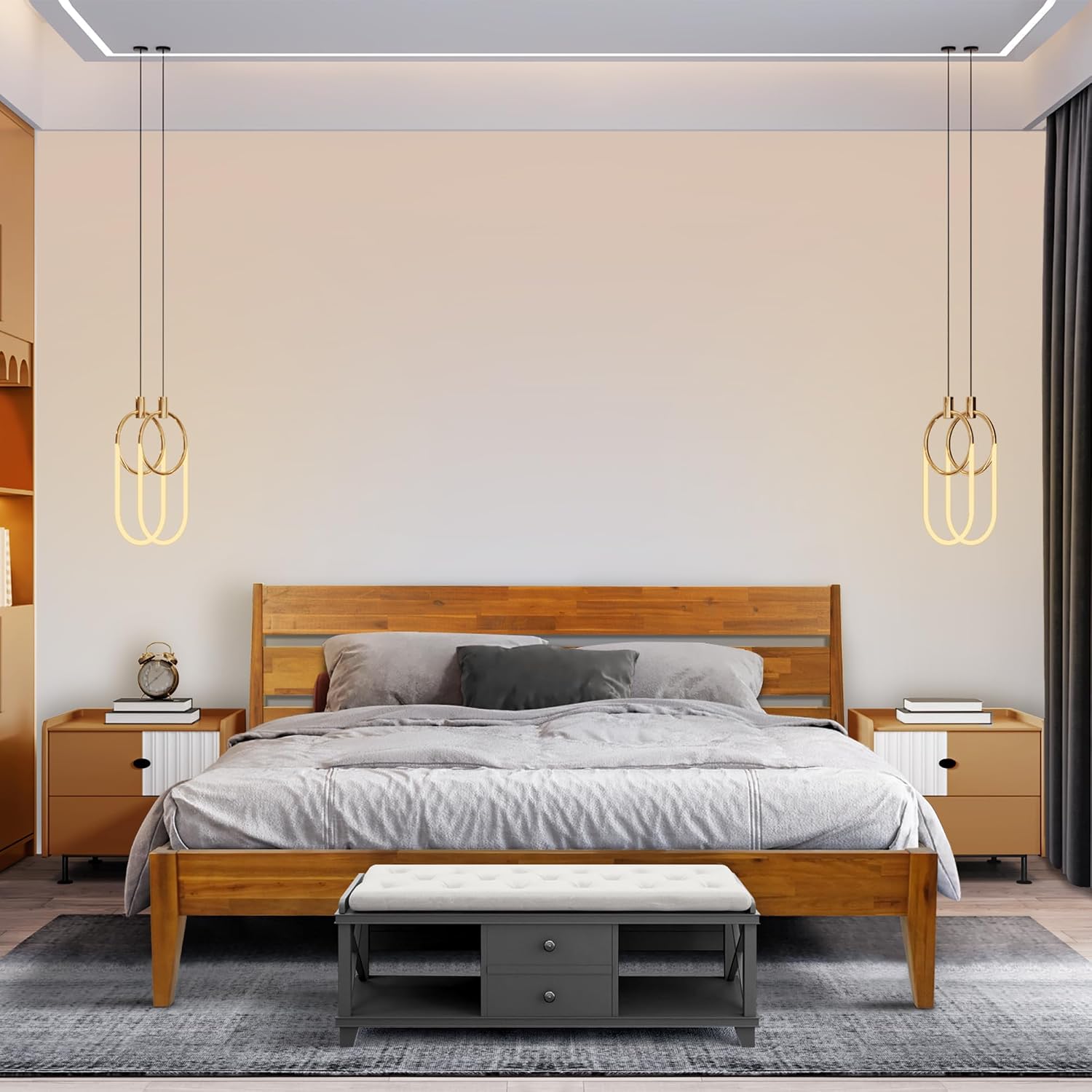 Acacia Emery Bed Frame with Headboard Solid Wood Platform Bed, King Size Bed Frame, Mid - Century Modern Wood Bed Compatible with All Mattresses, Easy Assembly, Non-Slip, Caramel.