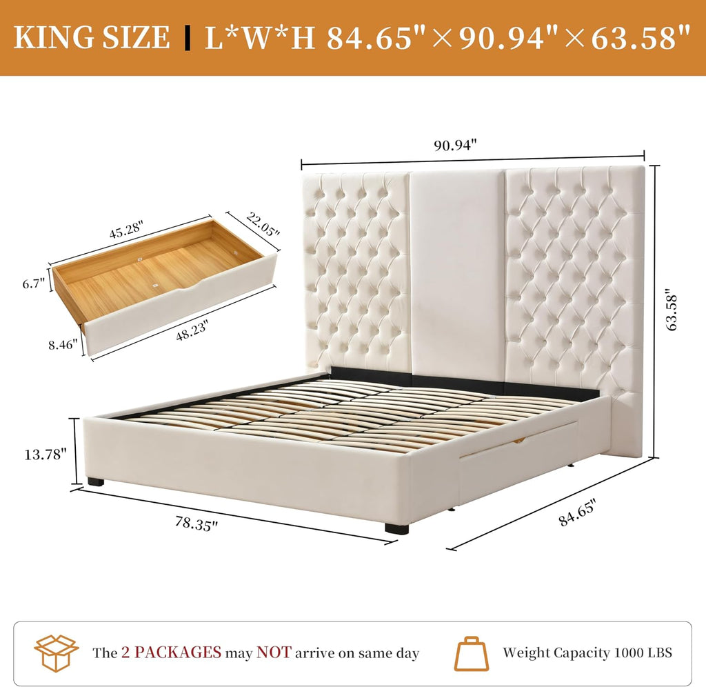 King Size Bed Frame with 63' Tall Headboard, Velvet Fabric Upholstered Platform Bed with 2 Large Storage Drawers, Deep Button Tufted, Wooden Slats, Easy Assembly, No Box Spring Needed, Cream