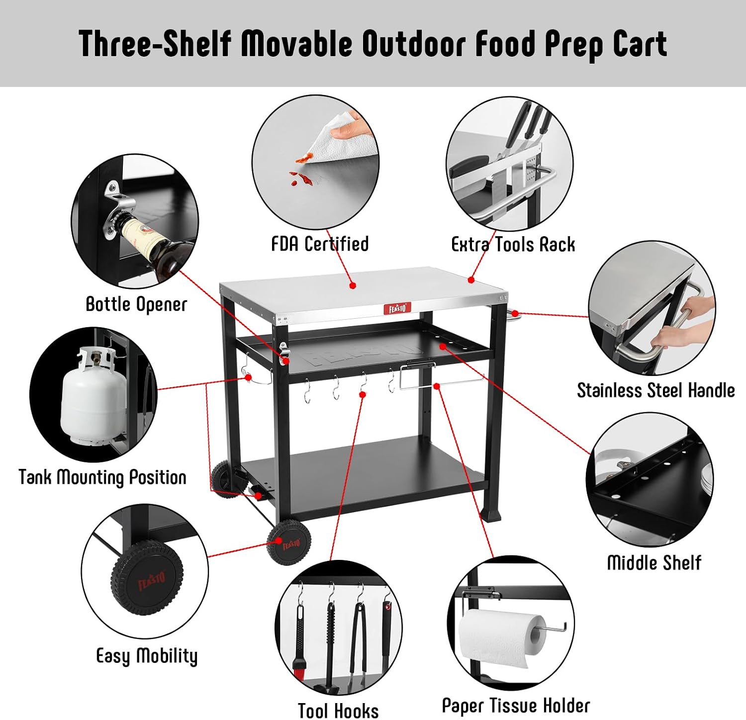 Feasto 3-Shelf Pizza Oven Table with 33.5' x 21.7' Stainless Tabletop, Outdoor Grill Cart with Tank Hook for Pizza Ovens & Griddles, Heavy-Duty Prep Station for Patio BBQ and Deck Parties, Black