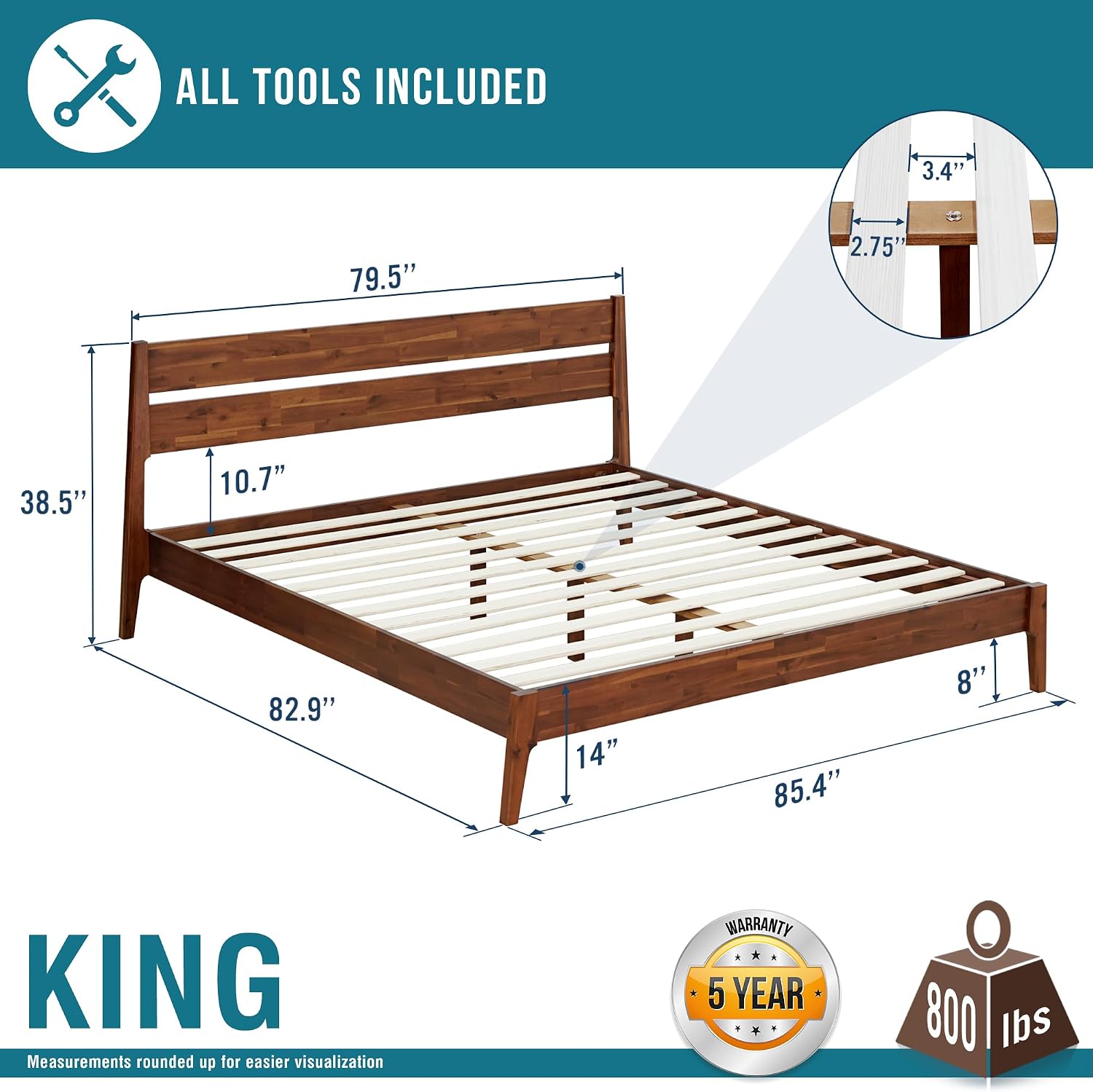 Acacia Callisto King Bed Frame with Headboard Solid Wood Platform Bed, 800 lbs Capacity Bed Frame, Contemporary Signature Wood Bed Compatible with All Mattress Types, Walnut Finish