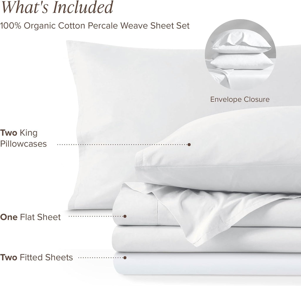 Bare Home 100% Organic Cotton Split King Sheet Set - Crisp Percale Weave - Lightweight & Breathable - Bedding Sheets & Pillowcases (Split King, White)