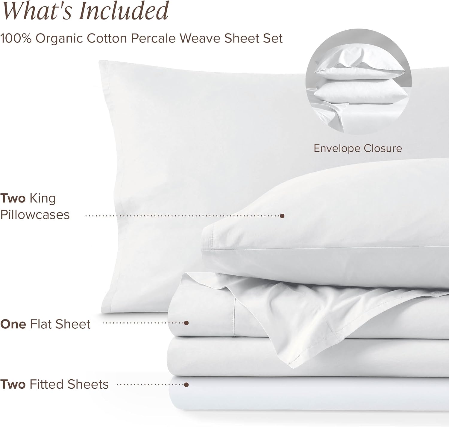 Bare Home 100% Organic Cotton Split King Sheet Set - Crisp Percale Weave - Lightweight & Breathable - Bedding Sheets & Pillowcases (Split King, White)