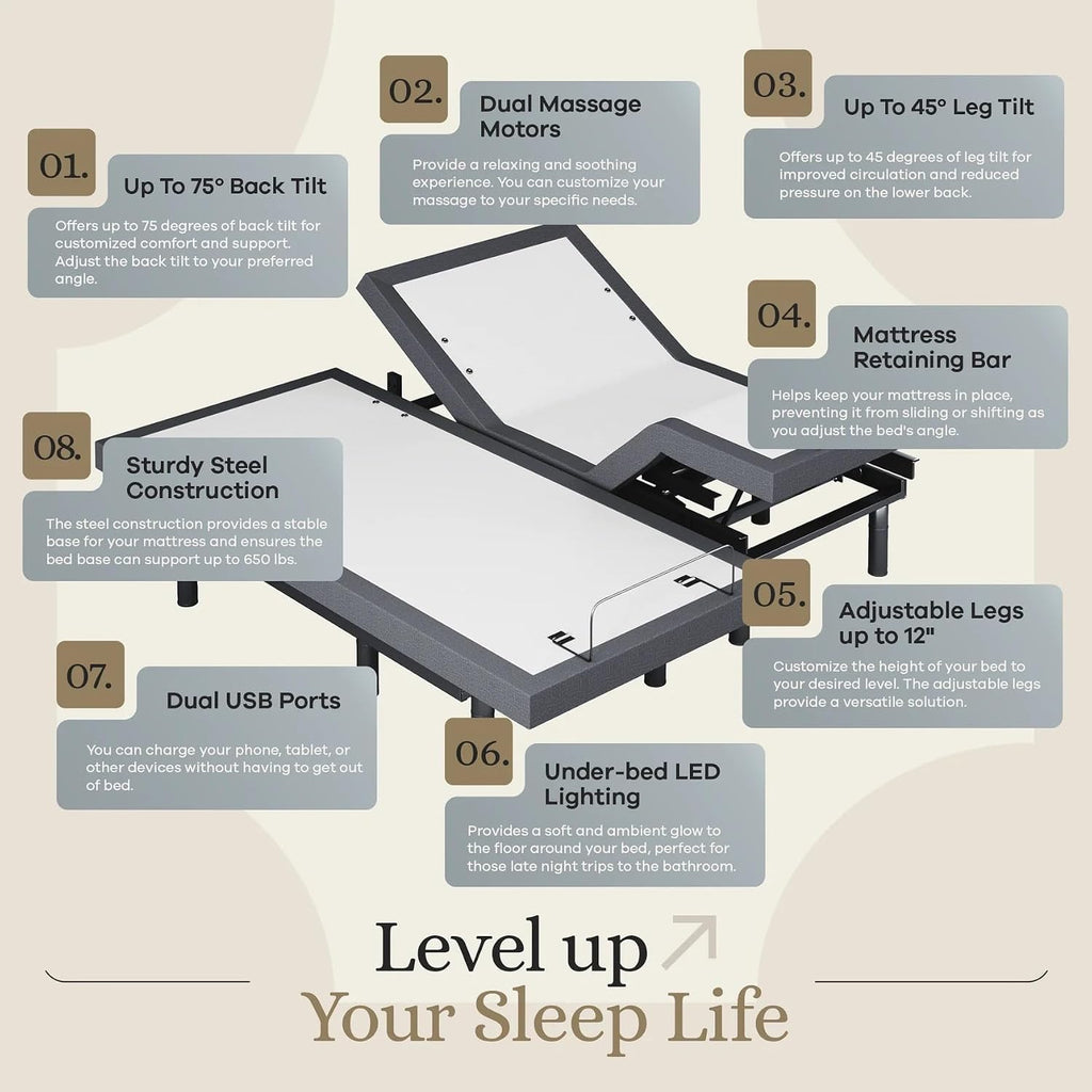 Sven & Son Classic Adjustable Bed Base, Head and Foot Lift, Massage, Under-Bed Lights, USB, Gel Memory, Zero Gravity Smart Frame - Split California King + 12 inch Memory Foam Matt (Medium)