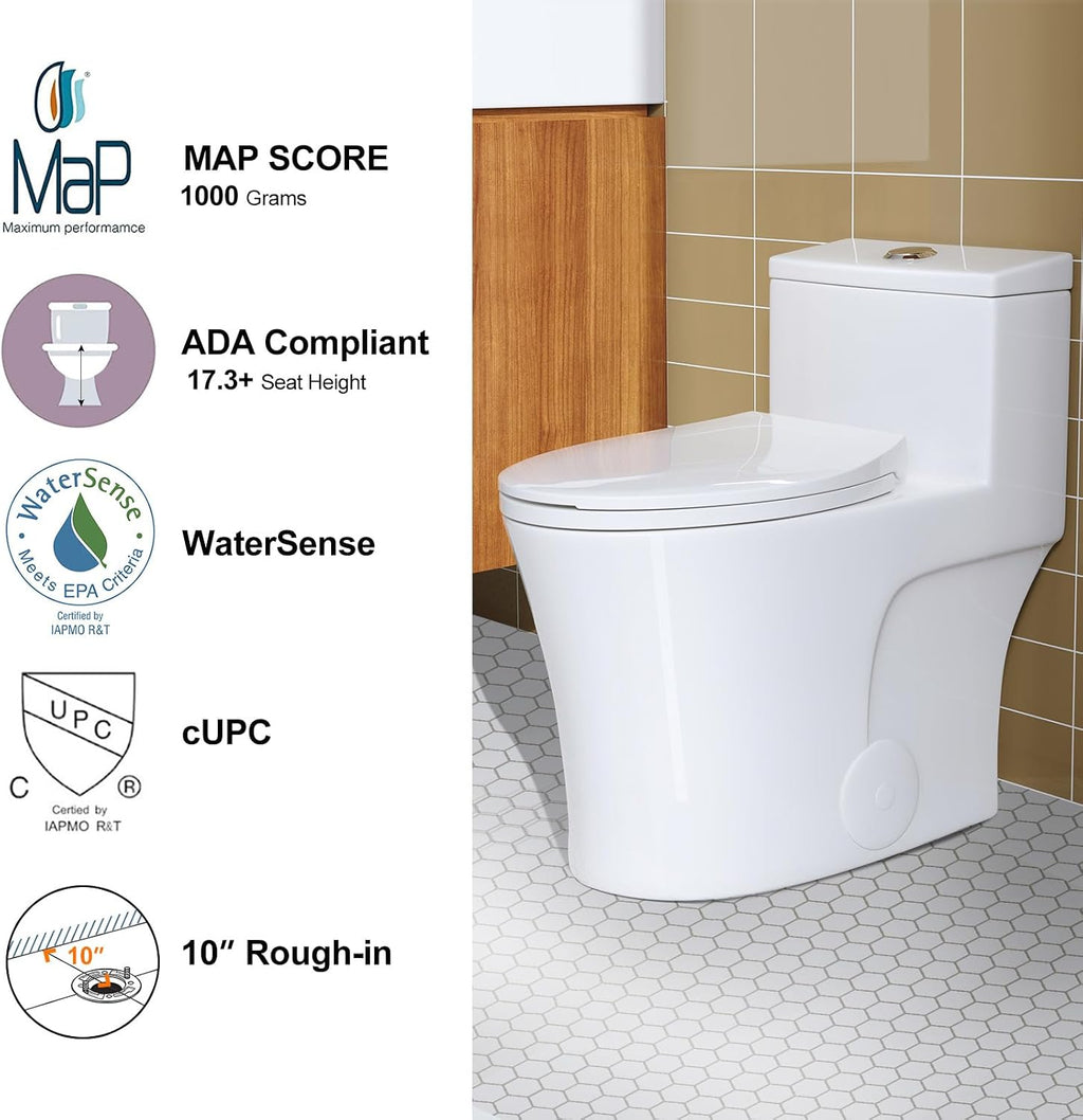 HOROW T0338W One Piece Toilet 10' Rough-in, Elongated Toilet with Comfortable Seat Height, ADA Chair Height 17.3', Dual Flush 0.8/1.28 GPF, Standard White Toilet Bowl, Space Saver Design
