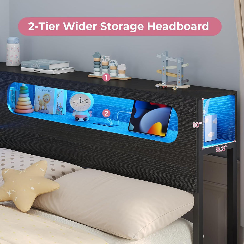 ADORNEVE Twin Corner Bed Frame with Storage Bookcase & LED Light Headboard, Charging Station, Metal Daybed with 3 Drawers & 2 Open Cubbies, for Small Bedrooms, Black