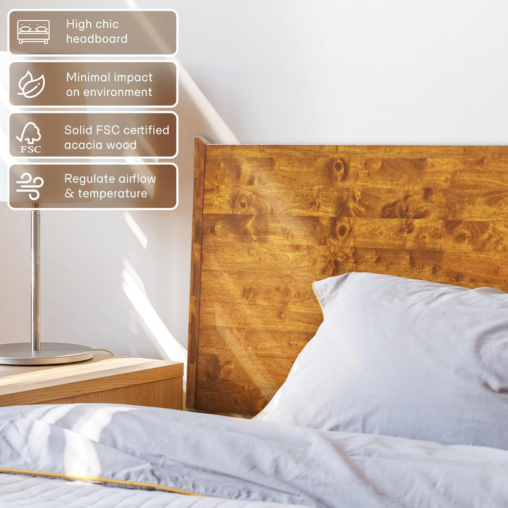 Acacia Haven King Wooden Bed Frame, 100% Solid Wood Platform Bed with Headboard, All Mattress Support & No Box Spring Needed, Effortless Assembly, 800 lbs Capacity, Caramel.