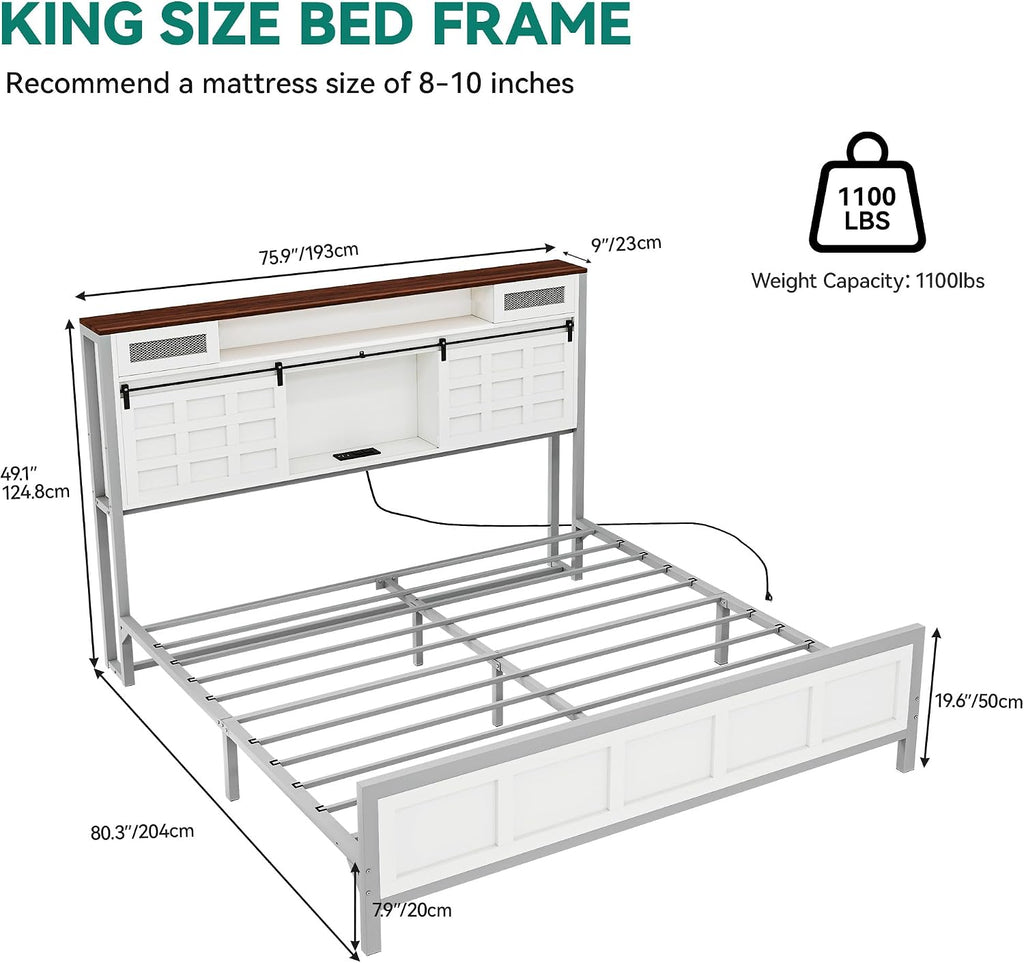YITAHOME King Size Bed Frame Farmhouse with 49.14' Tall Storage Headboard, Charging Station & Led Light, Sliding Barn Door, Wooden Platform Bed Frame, Metal Slats Support, No Box Spring Needed, White