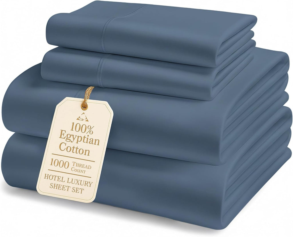 LANE LINEN 100% Egyptian Cotton Sheets King Size - 1000 Thread Count King Bed Sheets, Ultra-Soft Hotel Luxury with 15' Deep Pocket, Naturally Breathable & Durable, Silky Sateen Weave - Estate Blue