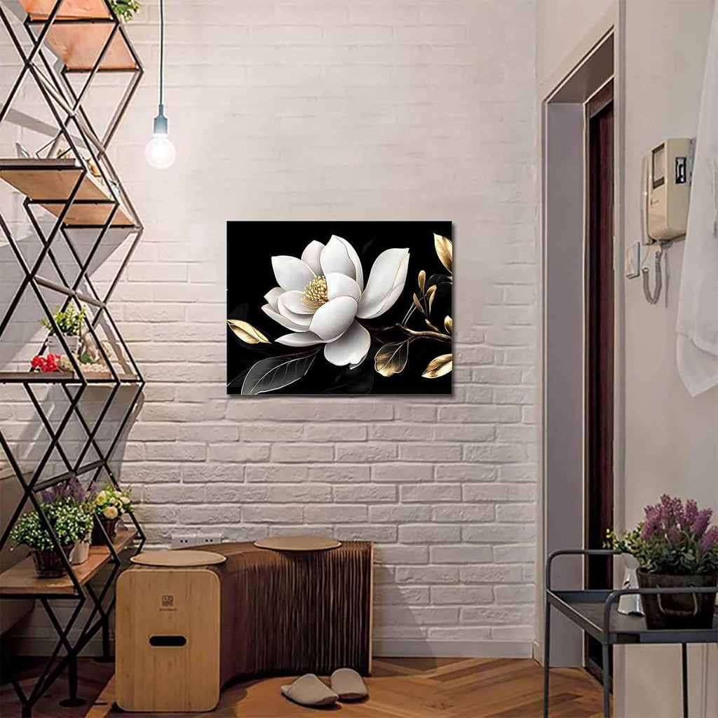 White Flowers Wall Art,Black Gold Farmhouse Floral Framed Canvas Picture Wall Decor for Living Room Bathroom Bedroom,Vintage Leaves Painting Artwork for Office Kitchen Hallway Home Decorations 24'x32'